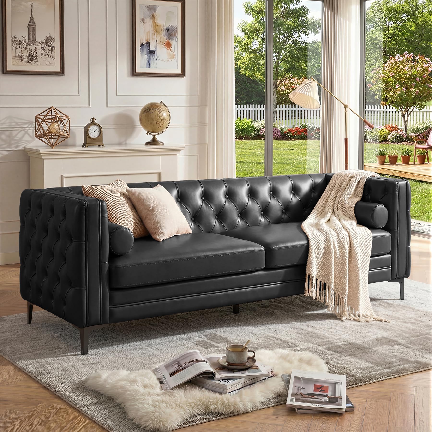 Faux Leather Sofa for Living Room Mid-Century Modern Couch with Button Tufting Metal Legs and 2 Bolster Pillows