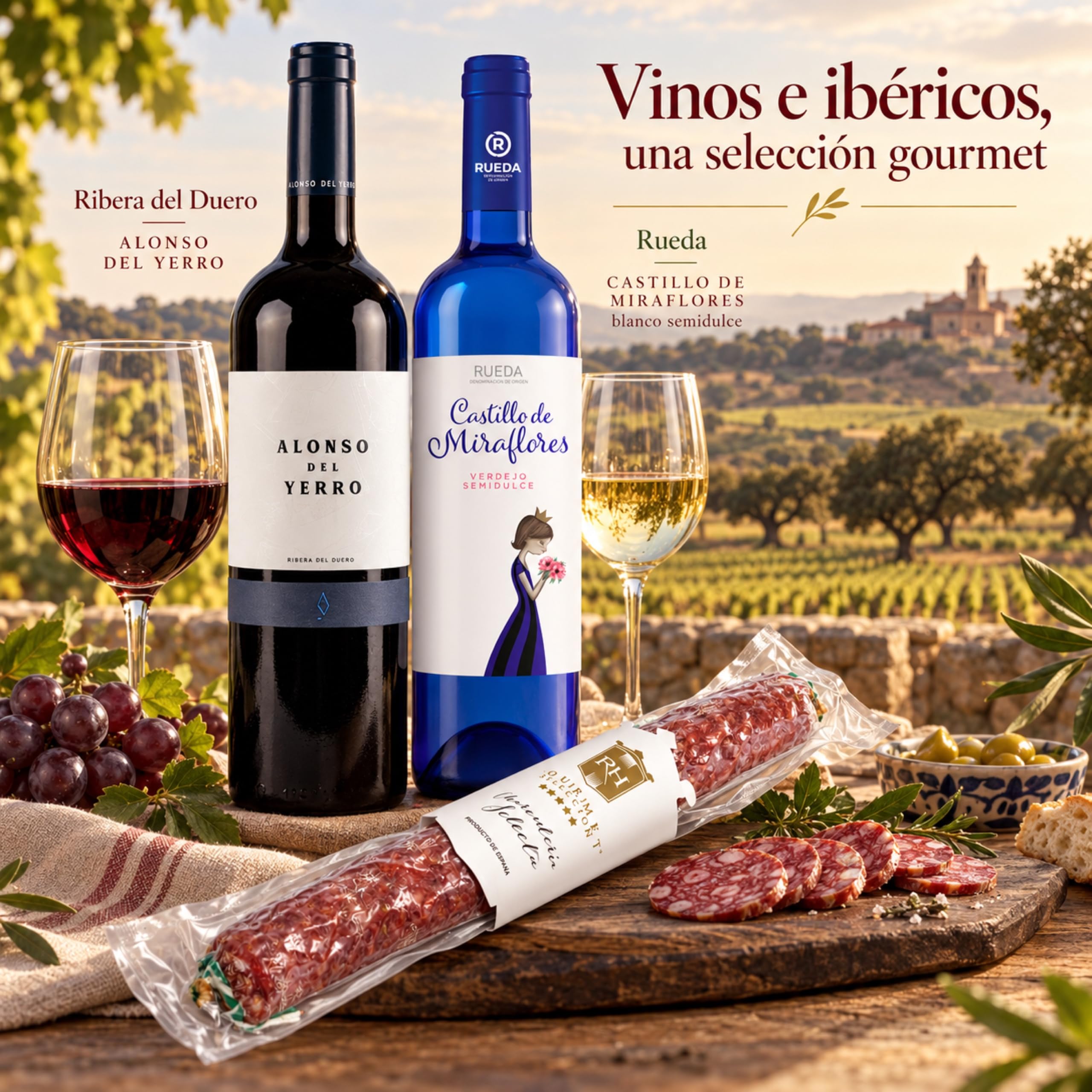 Cesta gourmet Navidad Alonso del Yerro y Castillo de Miraflores con fuet ibérico de bellota 180 g RH Gourmet, pack de 2 botellas 75 cl