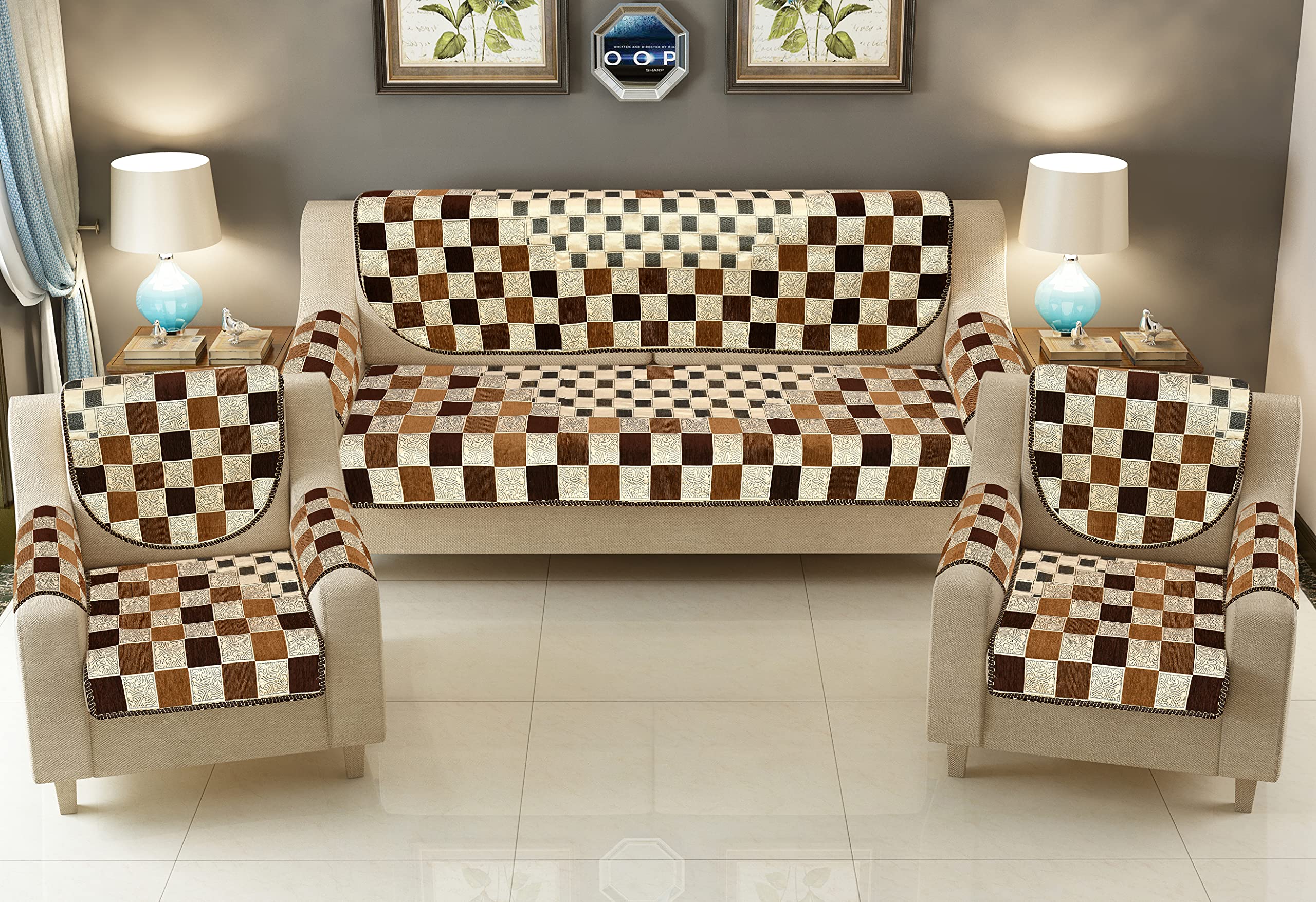 SAWNA Homes 5 Seater Premium Printed Sofa Cover Set with Arm Covers, 3,1,1 Seater 16 Pieces Sofa Back Slip Panels, Protector for Single Seater,Coffee CHEKU (Pack of 12)-image-44