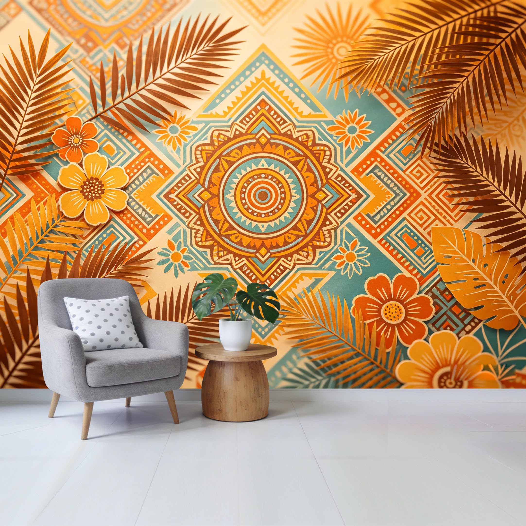 Qzlithotic Yq2605250039 Custom Size Wall Mural Geometric Ethnic Floral Pattern Tropical Botanical Style Selfadhesive Wall Fabric Removable Wallpaper For Home Office Decor