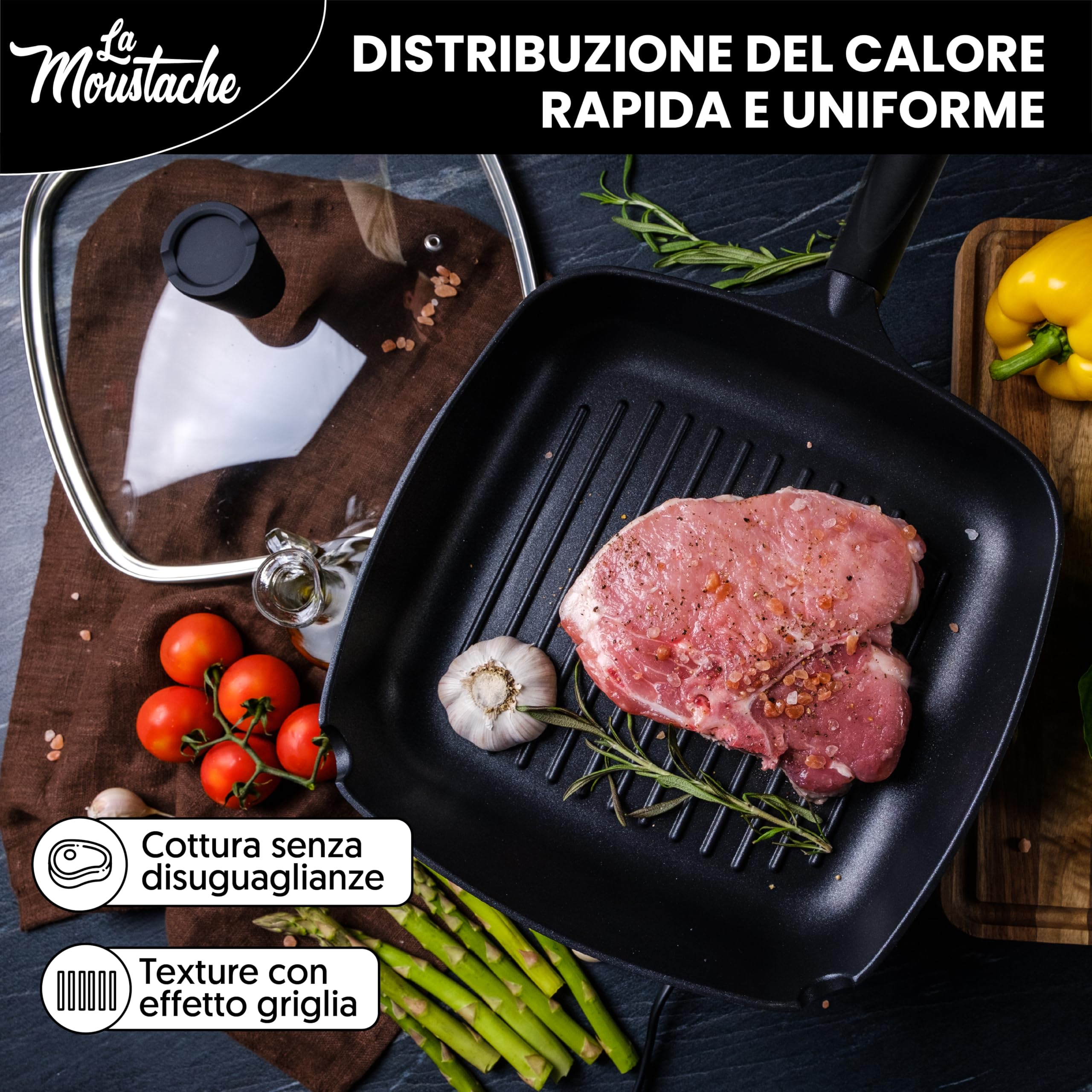 La Moustache - Padella Quadrata 28 cm in Alluminio con Antiaderente senza PFOA, Adatto a Tutti i Tipi di Cucine | Induzione, Gas, Piastra Elettrica, Vitroceramica, Equilibrio Termico