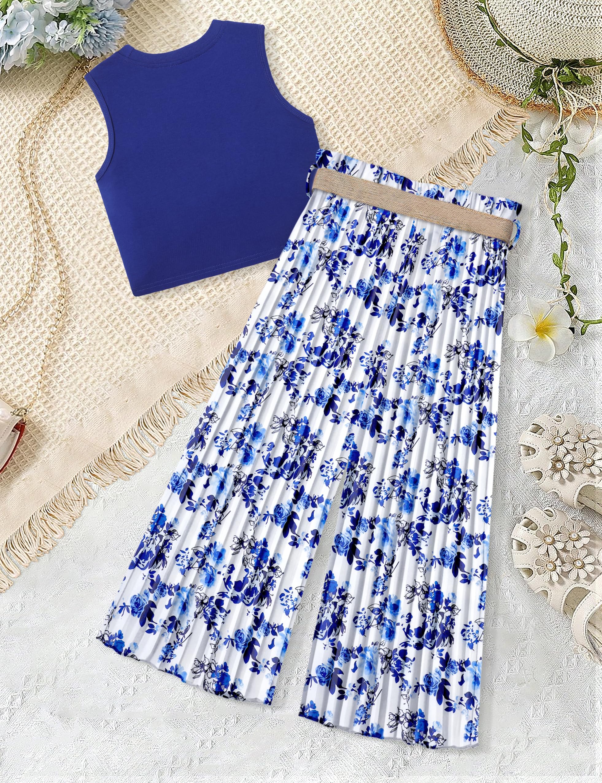 BAVADER Ropa para niñas de 6 a 16 años, camiseta corta sin mangas + pantalones plisados de pierna ancha para niñas, trajes de verano de 2 piezas