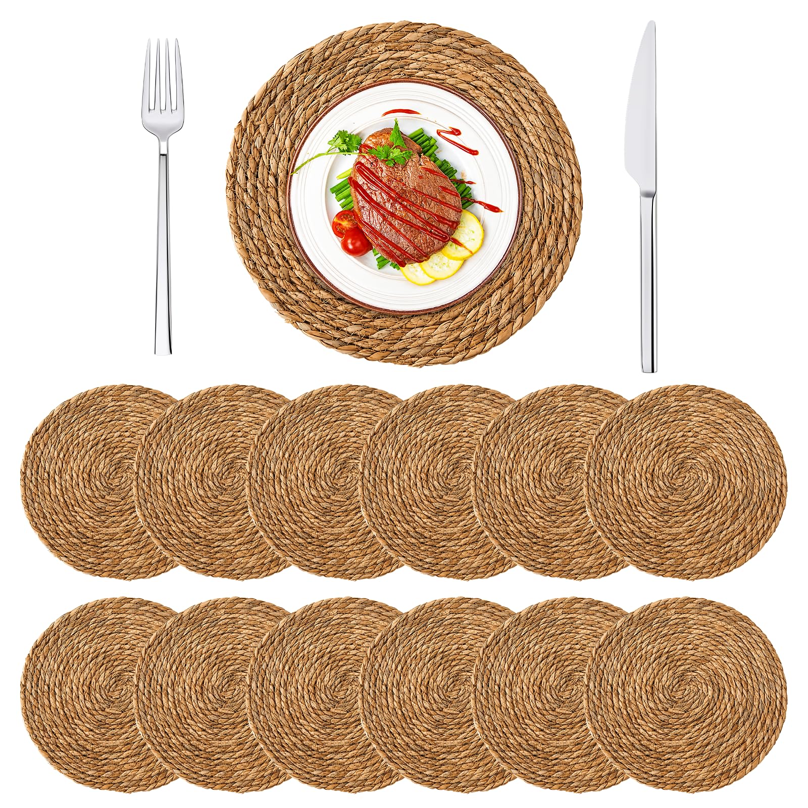 Lot de 12 Sets de Table Ronds tissés, bohèmes tressés naturels | 30 cm résistants à la chaleur, antidérapants, pour table à manger et décoration