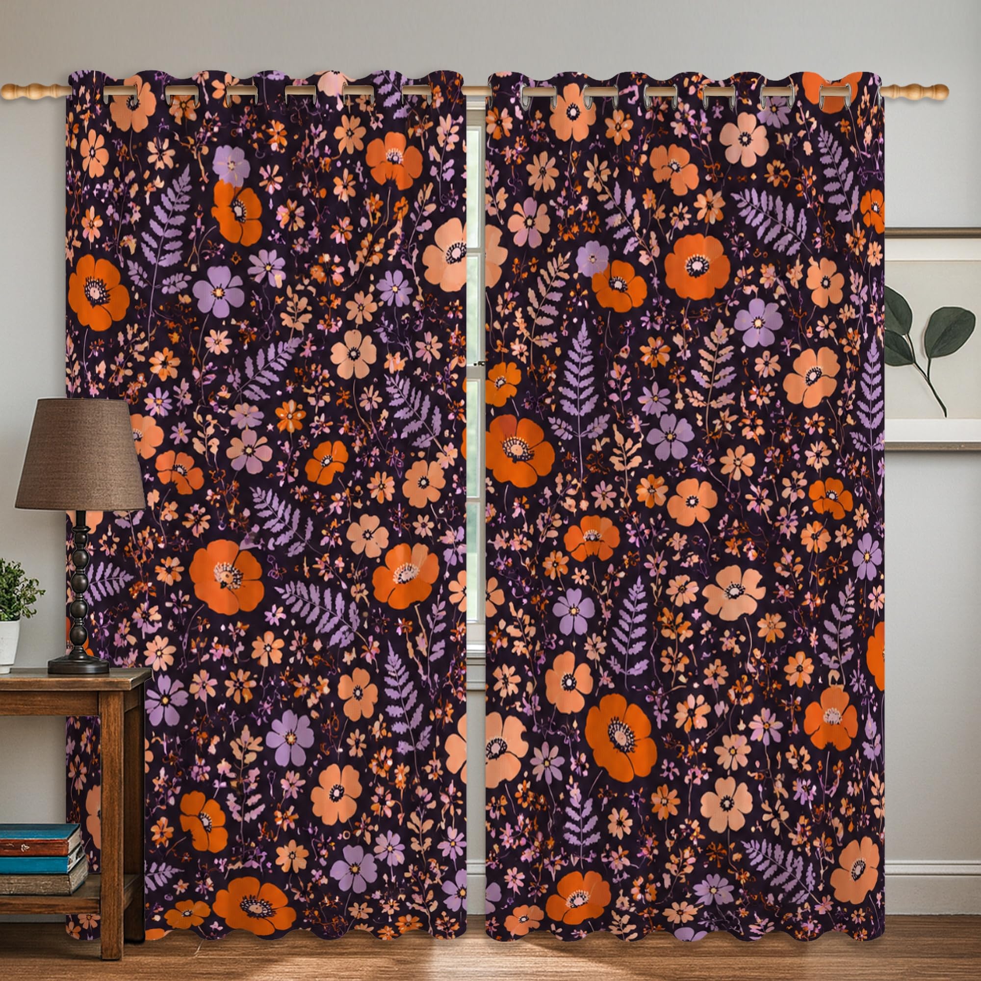 Rideaux occultants en tissu lourd violet automnal de style rétro floral 132 x 160 cm