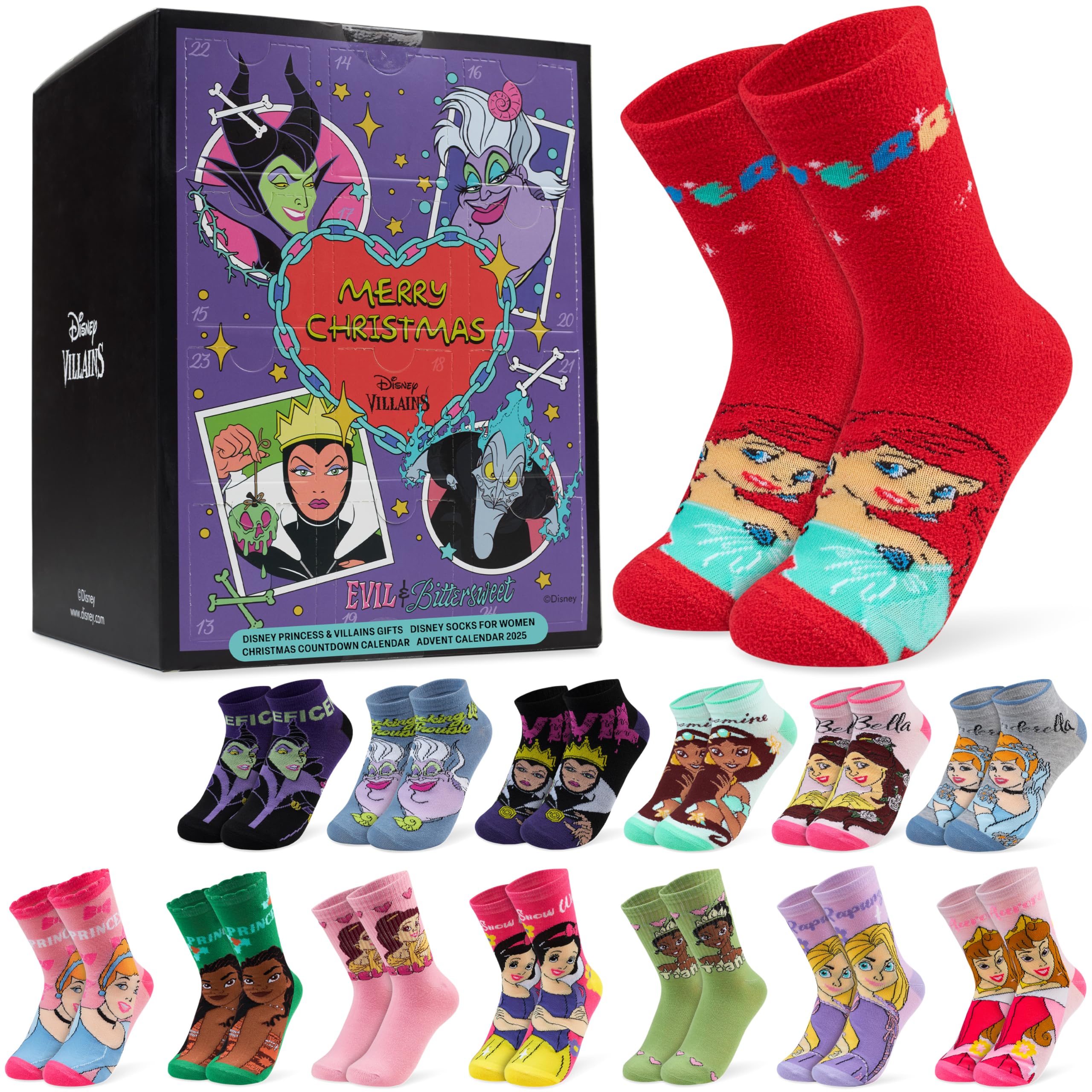 Get Trend Disney Princess & Villains Socks Advent Calendar 2025 Teens Girls Women Size 3-8, 24 works of Breathable Socks