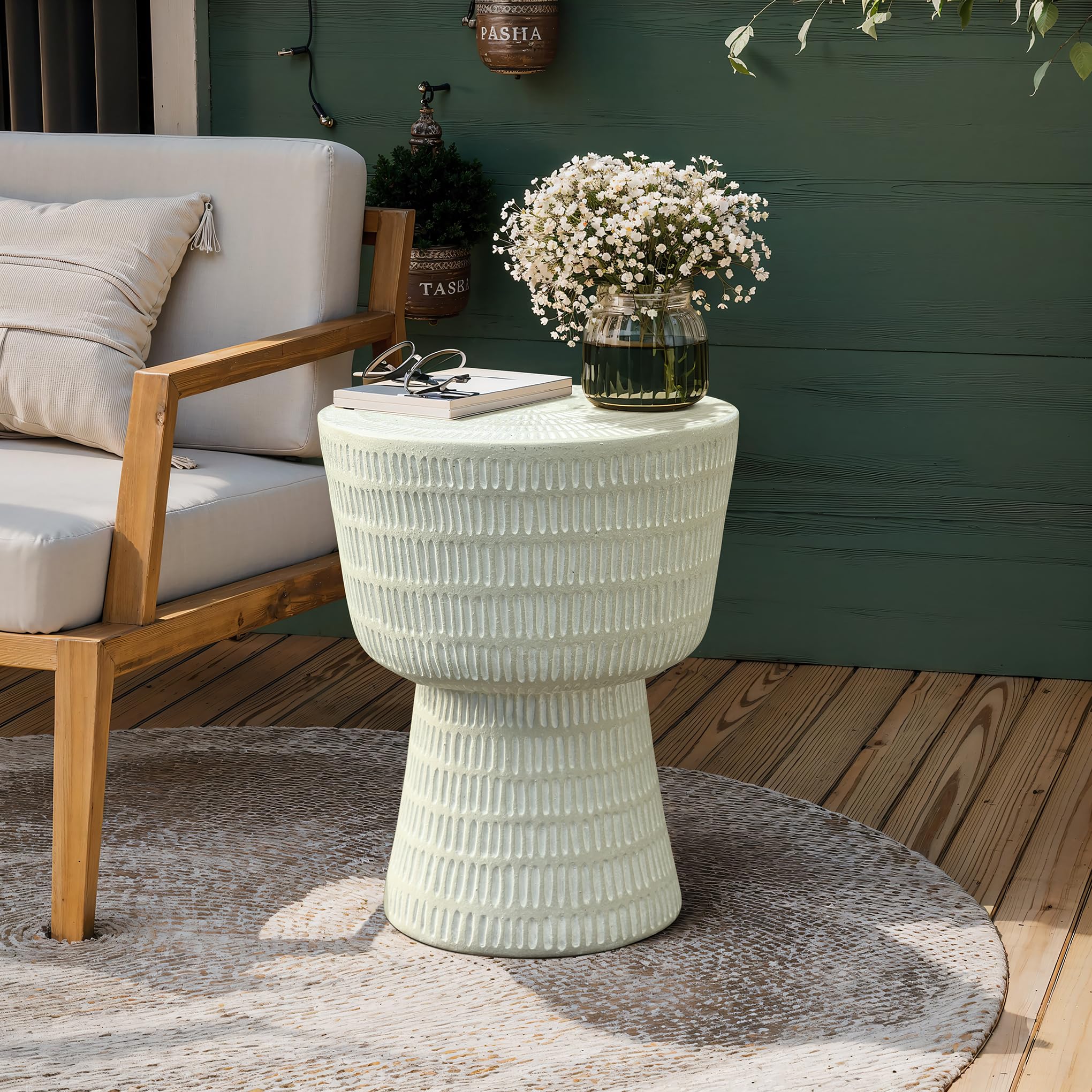 LuxenHome Outdoor Side Table, 15'' Off White Round Spiral Pattern Accent End Table, Indoor Outdoor Coffee Tables for Patio, Living Room, Backyard,