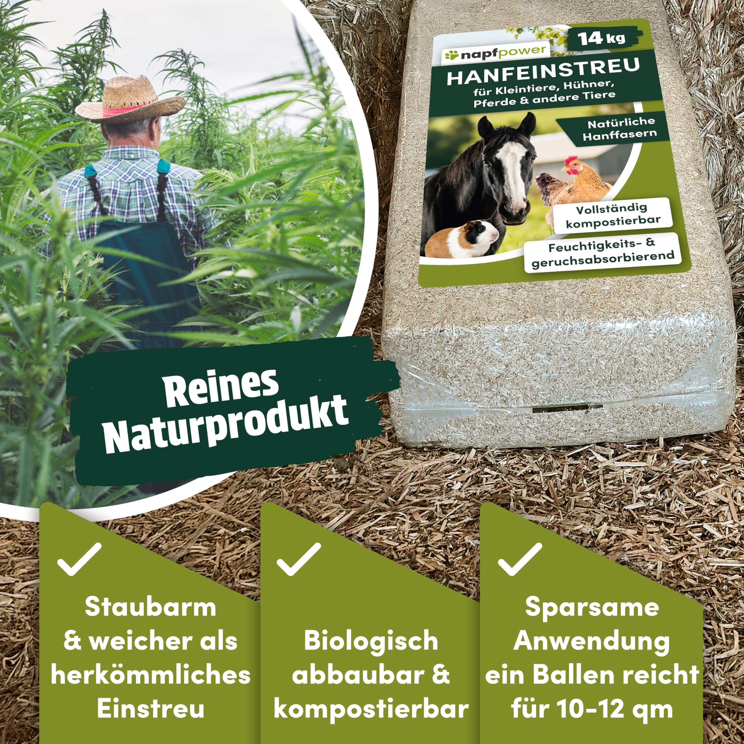 Hanfeinstreu (14 kg) für Hühner, Kleintiere & Pferde – staubarmes Hanfstreu für Hühner & Kleintiere – extrem saugfähiges & kompostierbares Hanf Einstreu für Tierställe