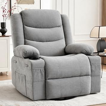 Swivel Rocker Recliner Chair, Manual Recliner Single Sofa with Cup Holders and Side Pocket, Chenille Fabric, Upholstered Nursery Rocking Chair for Living Room, Bedroom, Grey