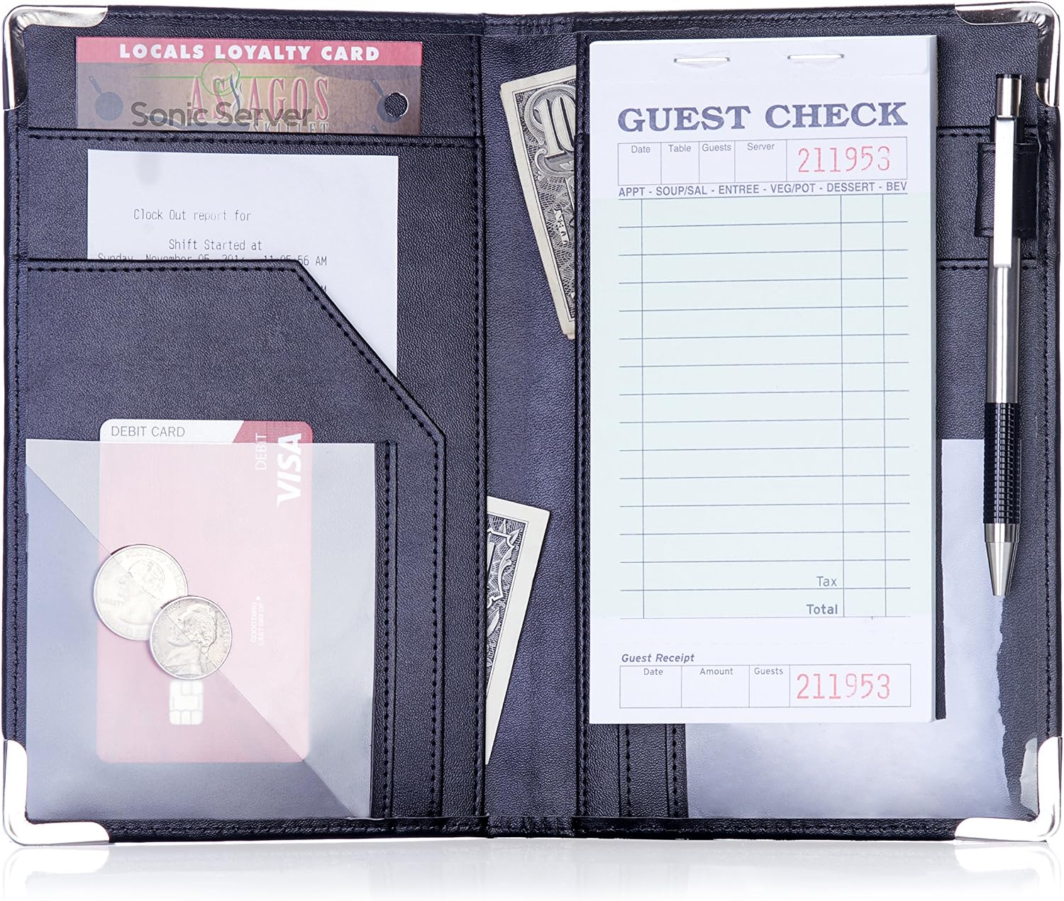 Sonic Server Book and Waiter Waitress Organizer for Waitstaff | Inner Color Black | 10 Pockets Holds Guest Checks, Money, Receipts, Order Pad with Pen Holder Loop