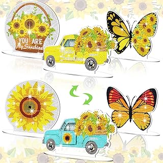 Janlaugh 3 Pcs Sunflower Butterfly Diamond Painting Kits 5D Summer Painting Art Double Sided Desktop Ornaments DIY Centerpieces for Home Table Decoration Gift