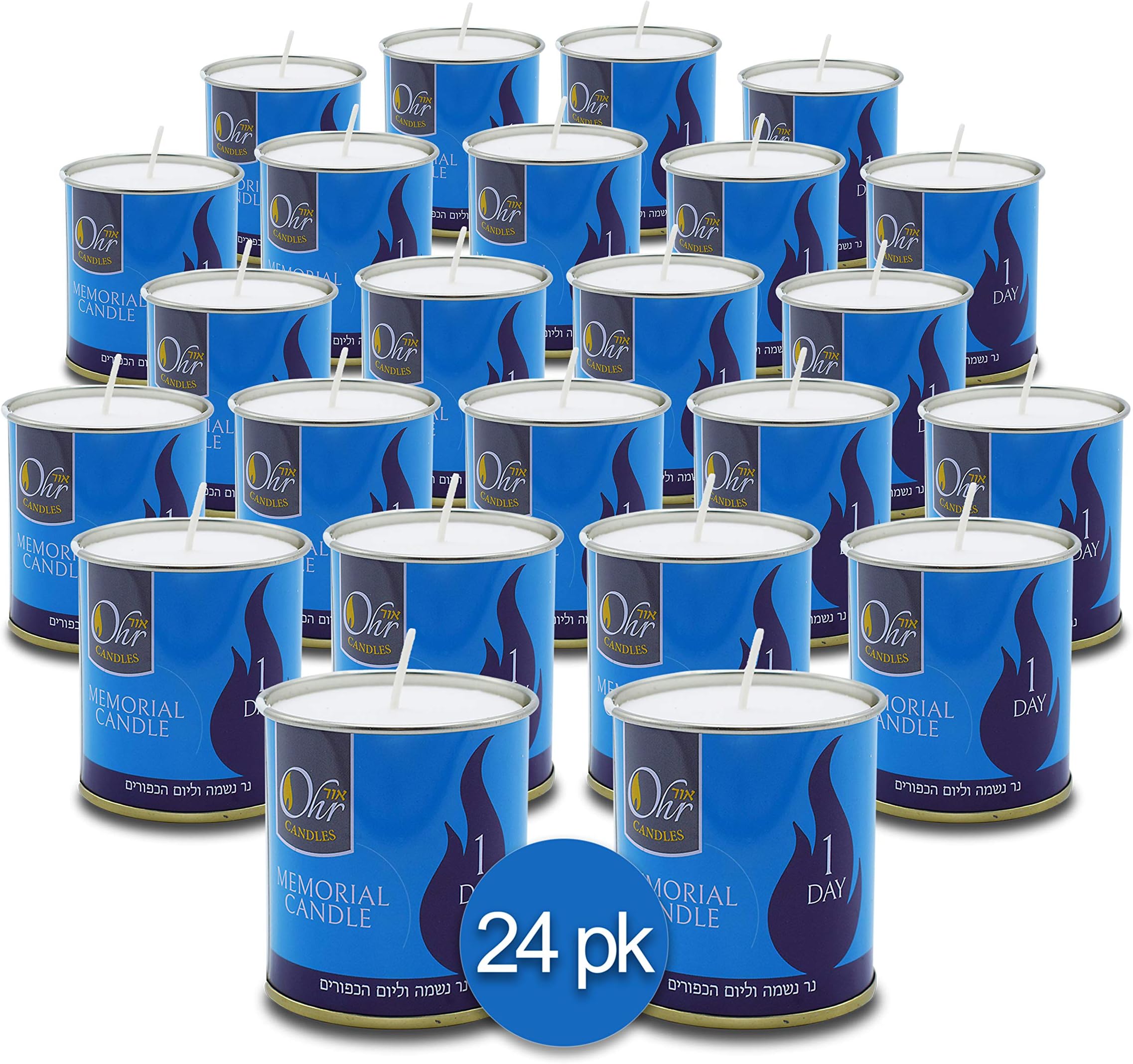 1 Day Yahrzeit Candle - 24 Pack - 24 Hour Kosher Yahrtzeit Memorial and Yom Kippur Candle in Tin Cup Holder