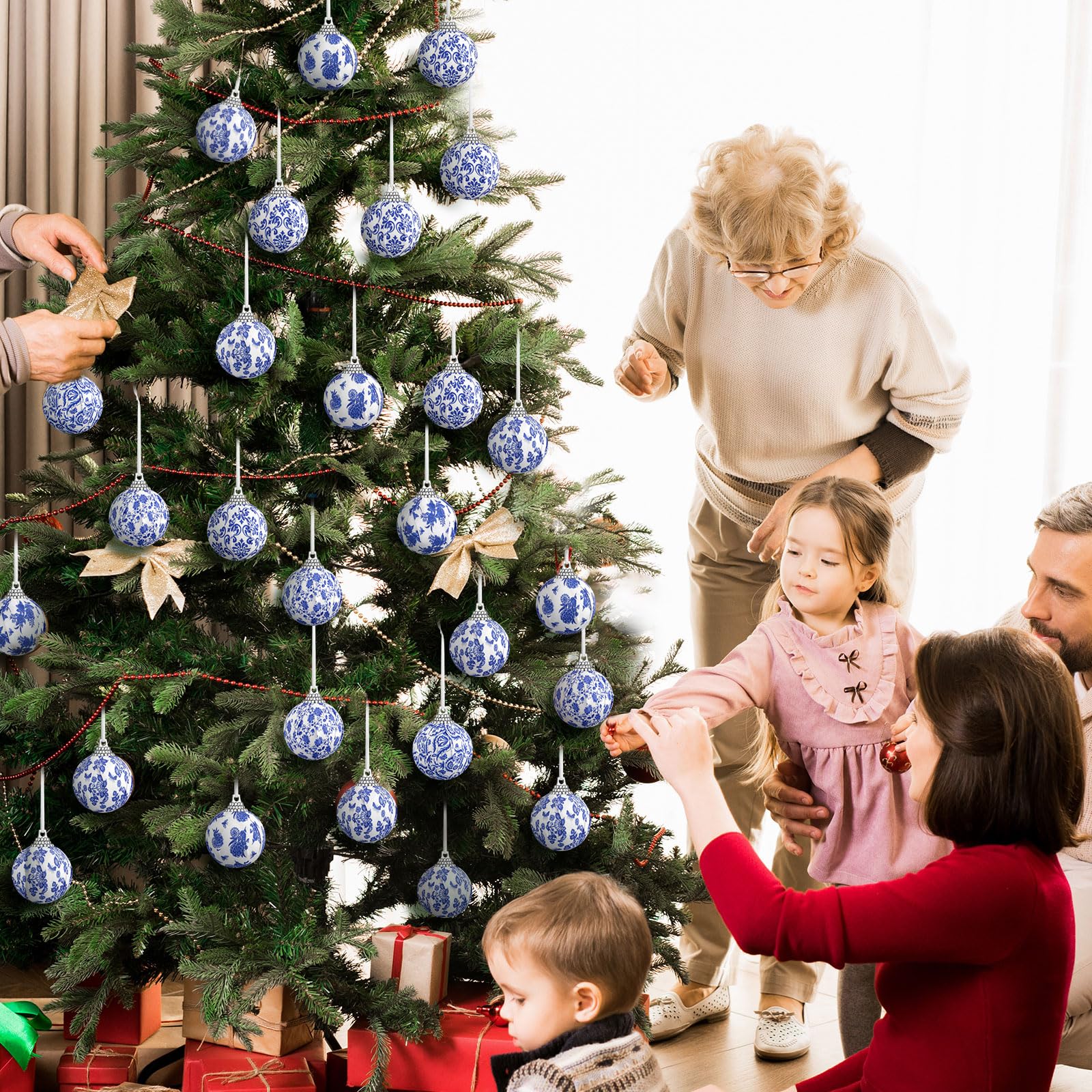Liliful 24 Pcs Chinoiserie Christmas Ornaments Blue and White Chinoiserie Omament Blue Christmas Hanging Omament for Small Xmas Tree Decoration Wedding Holiday Party Yard Home Supplies - Image 4
