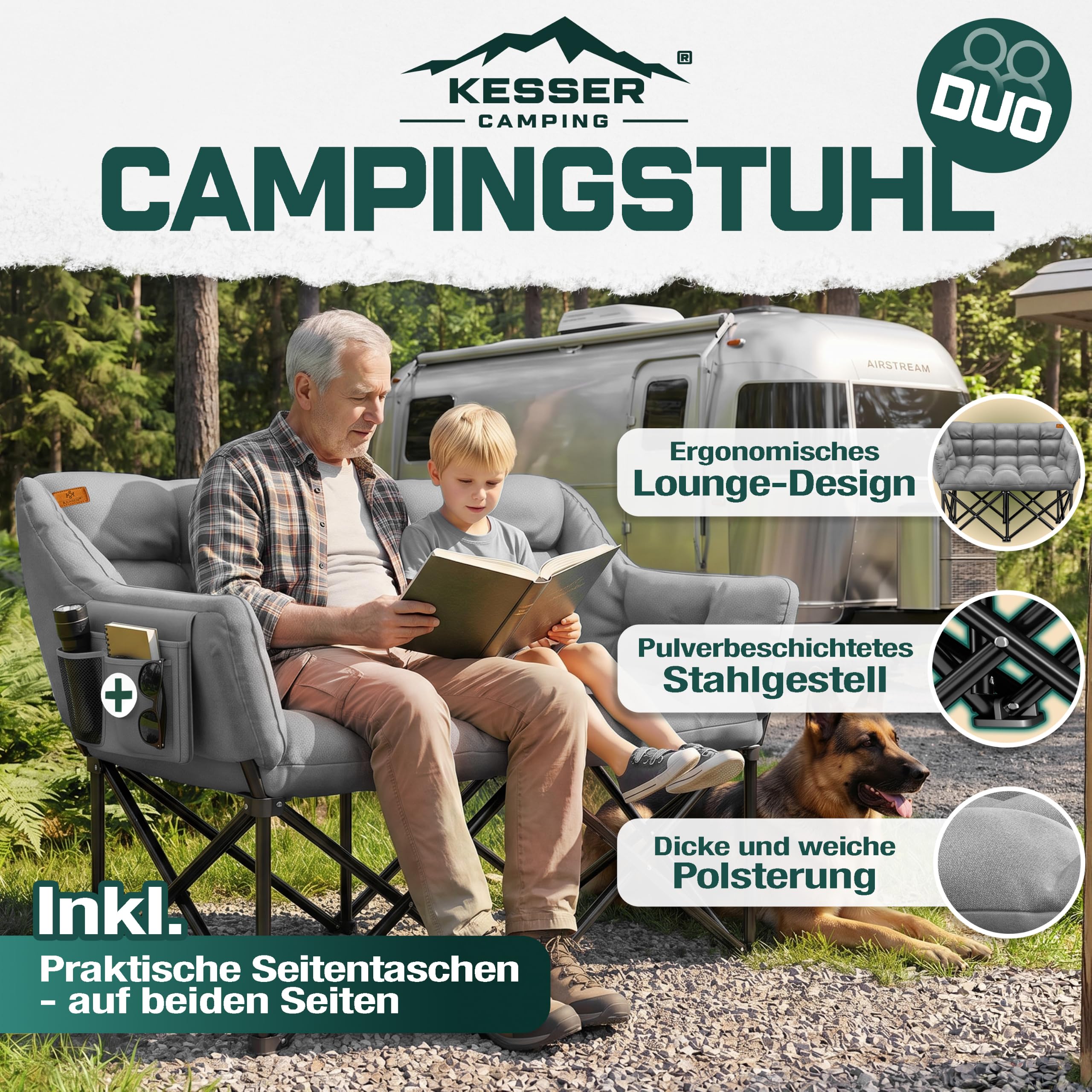 KESSER® Campingsofa faltbar, Campingcouch breit, gepolstert mit Seitentaschen & Tasche, Faltsofa Duo, Campingstuhl Indoor & Outdoor, Camping, Festival, Angeln & Garten