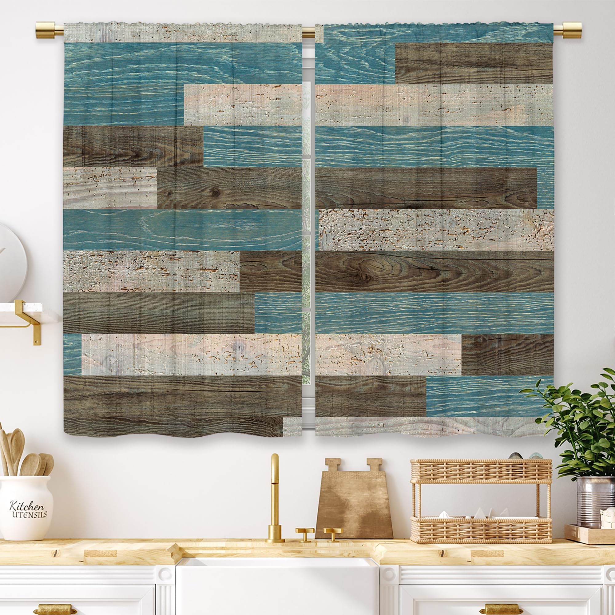 Laifzere Teal Brown Wooden Kitchen Curtains Farmhouse Rustic Wood Small Short Cafe Window Curtains Barn Plank Rod Pocket Bathroom Window Drapes Treatment Tier Curtains 2 Panels (27.5x39 Inch) — image 1