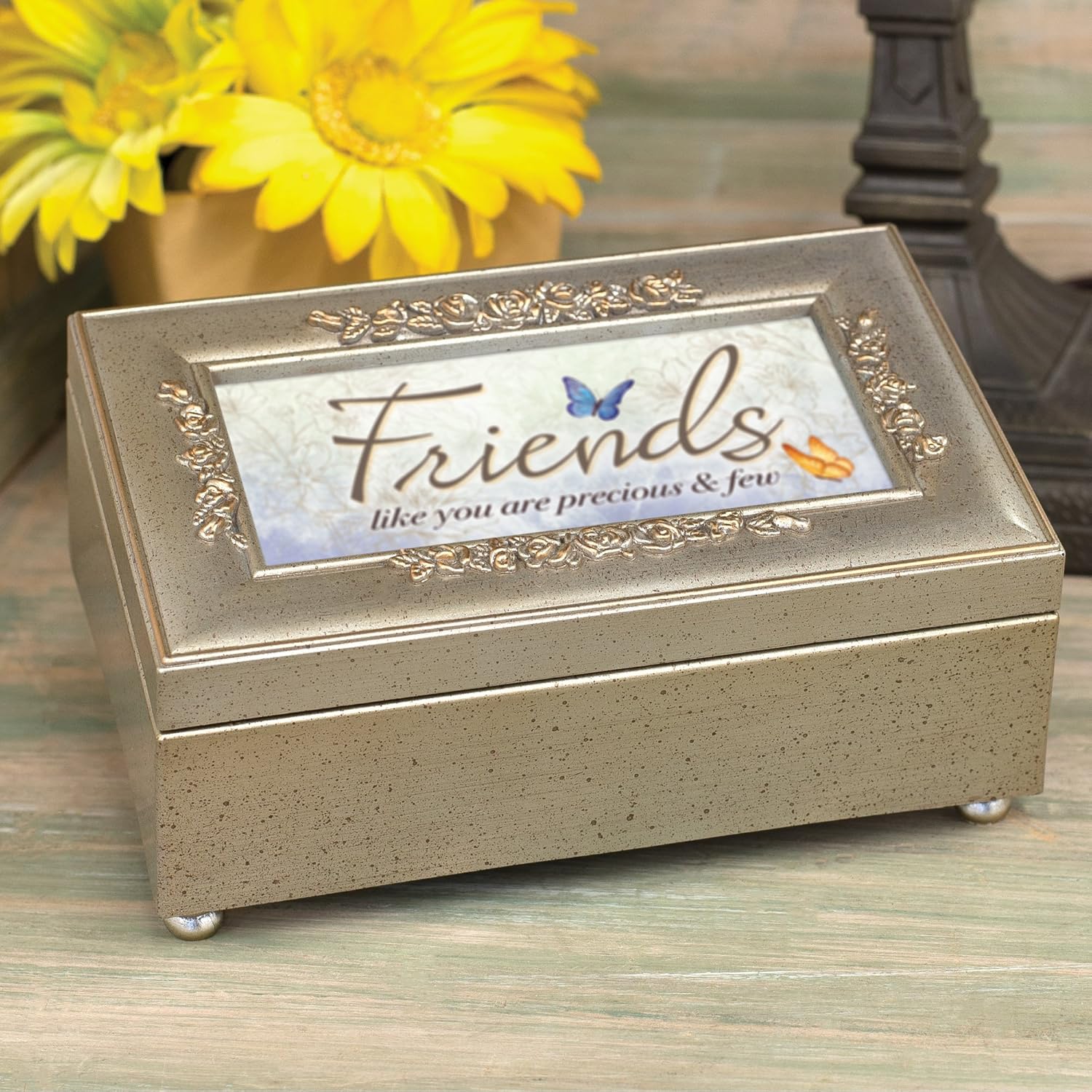 Cottage Garden Friends Like You are Precious Silvertone Embossed Jewelry Music Box Plays You Light Up My Life