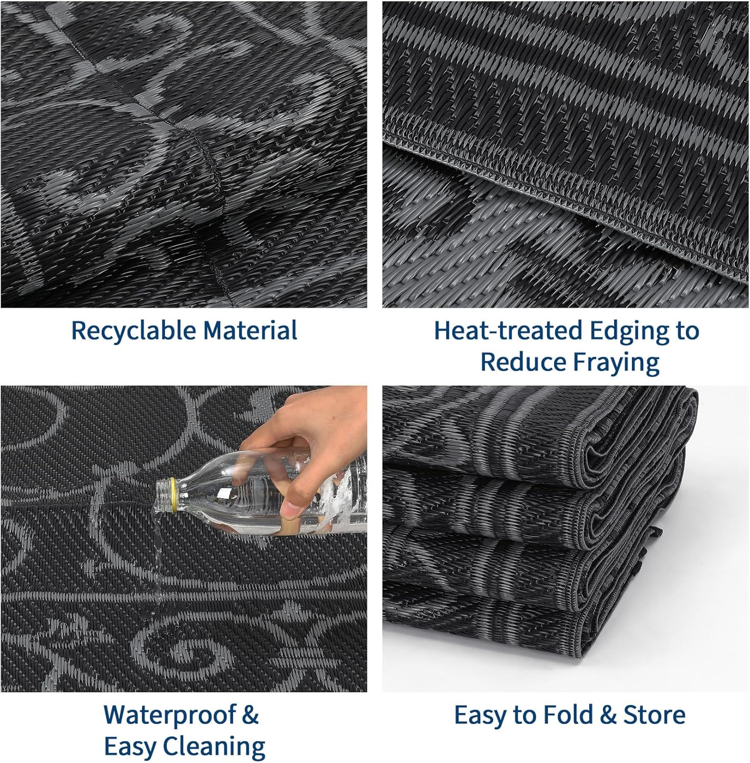 GAOMON Outdoor Patio Rug 8x10 Reversible Camping Mat, Stain-Resistant Plastic Straw Rug, Easy to Clean, Waterproof Indoor Outdoor Carpet for Porch, Deck, Balcony, Beach, GardenVintage-Black&Grey