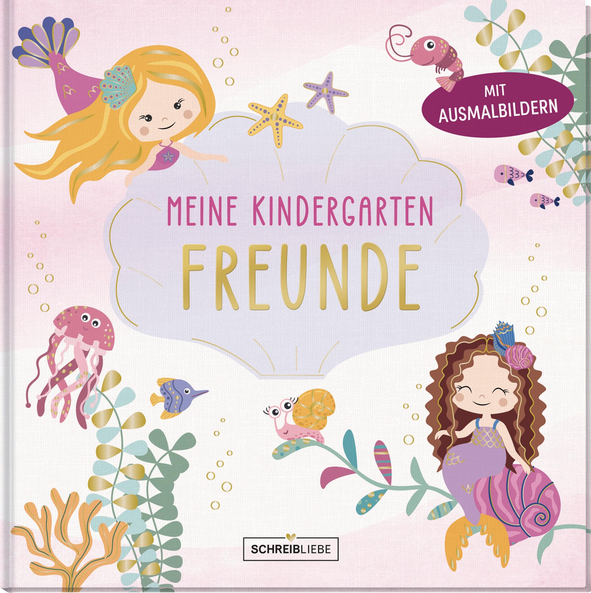 Kindergarten Freundebuch Meerjungfrau – Ausmalbilder, 30 Plätze, 68 Seiten, 19 x 19 cm, vegan, Goldveredelung