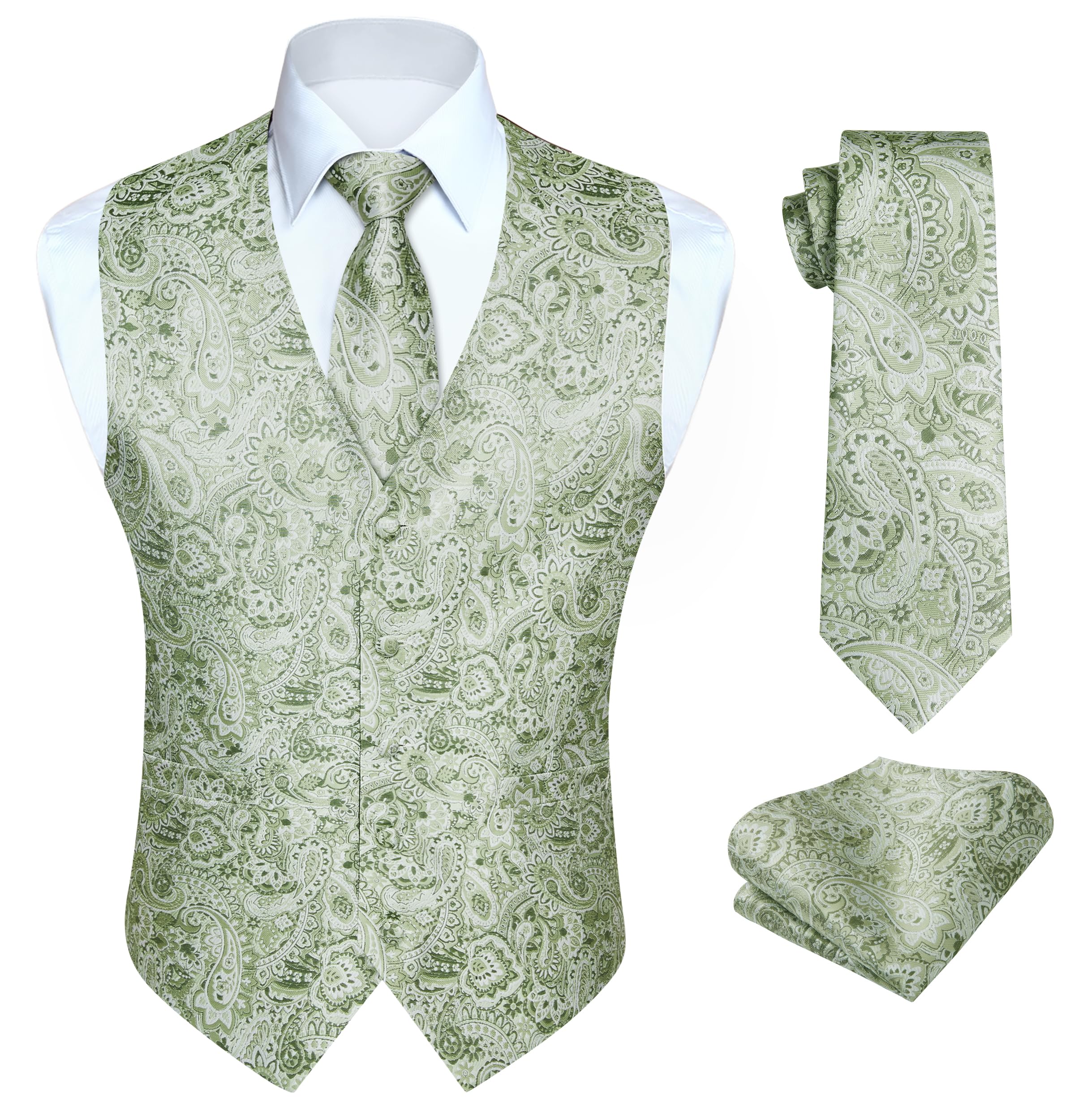 HISDERN Mens Vest Tie Set 3PC Formal Waistcoat Paisley Floral Jacquard Necktie Pocket Square Suit Vests Wedding Party