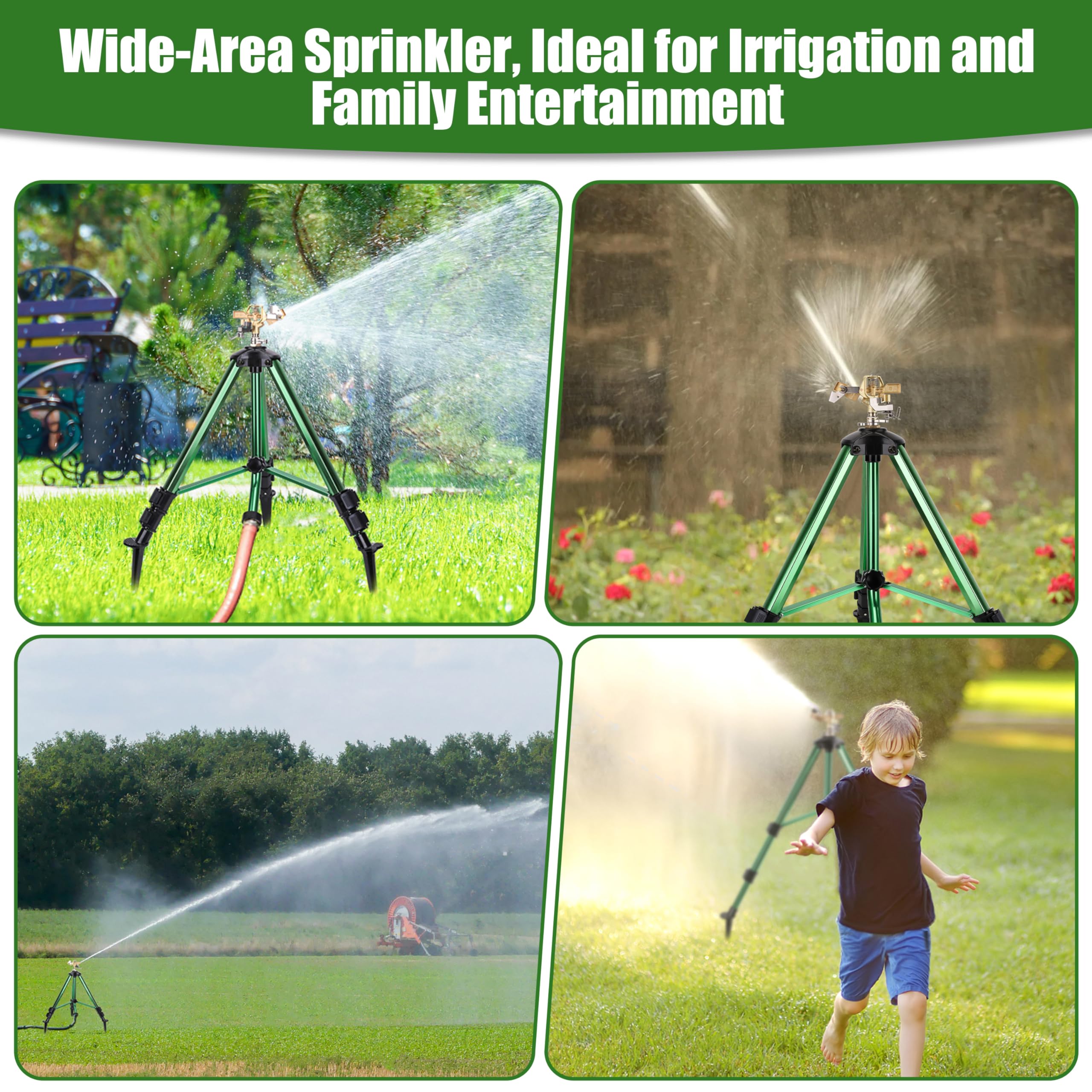 Irrigatori per cortile, Irrigatore a impatto pesante su base treppiede con spina a terra, 360 gradi, 0-43 piedi di copertura di ampia area irrigatori da cortile, altezza regolabile da 40,6 a 94 cm