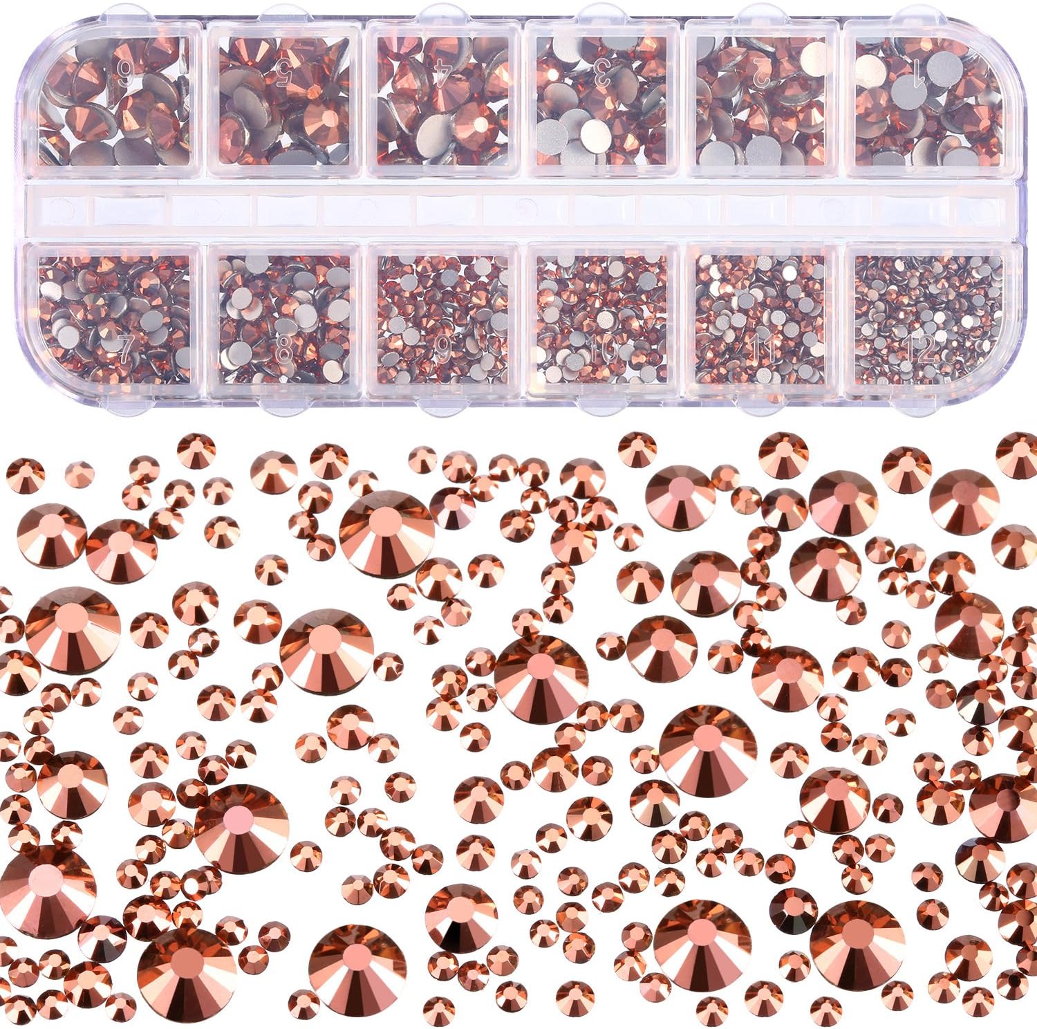 TecUnite 2000 Pieces Rose Gold Round Crystal Rhinestones (1.5-6 mm) with Tools for Crafts, Nail, Clothes, Shoes, Bags & DIY Art