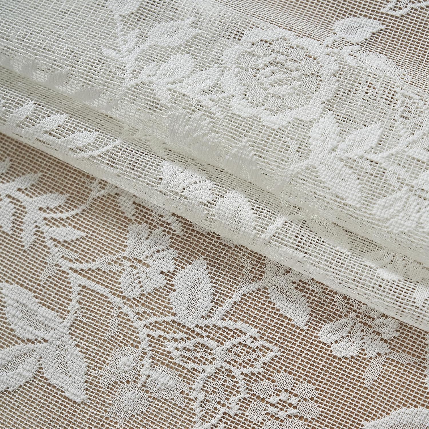 FINECITY Extra Long Sheer Lace Curtains 120 Inches Long, Vintage Rustic Leaf Floral Knitted Lace Curtains for Living Room, Rod Pocket Privacy Lace Window Curtain Panels, 52 x 120 Inch, 2 Panels, Ivory