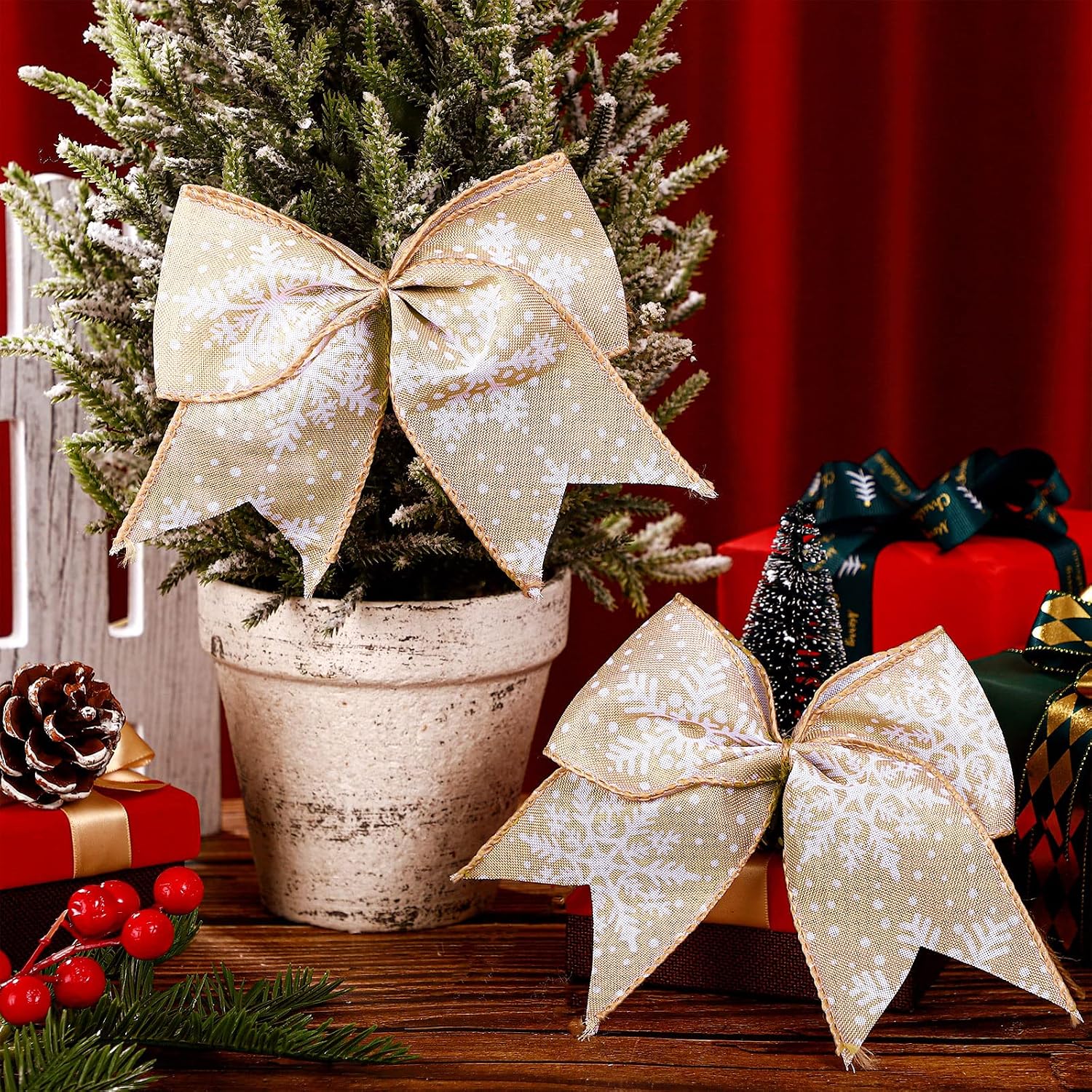 Panelee 12 Pieces Burlap Bow Christmas Wreath Bow 6 x 6 Inch Burlap Bow Knot Snowflake Burlap Bow Christmas Tree Ornaments Craft Bows for Rustic Farmhouse Xmas Birthday Party (Yellow, Snowflake)