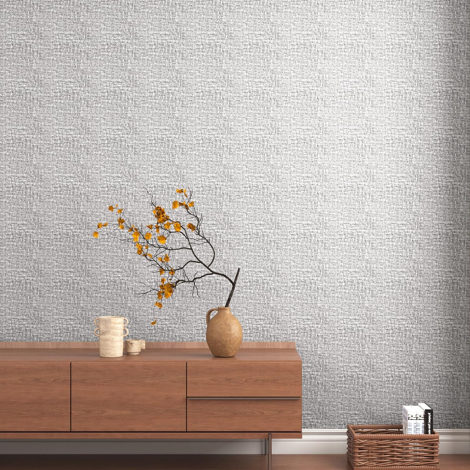 Decotalk Grasscloth Wallpaper Stick and Peel Grey Grasscloth Wallpaper Textured 17.5"x120" Grey White Grass Cloth Wall Paper Foam Vinyl Peel and Stick Grass Cloth Fabric Wall Paper Textured