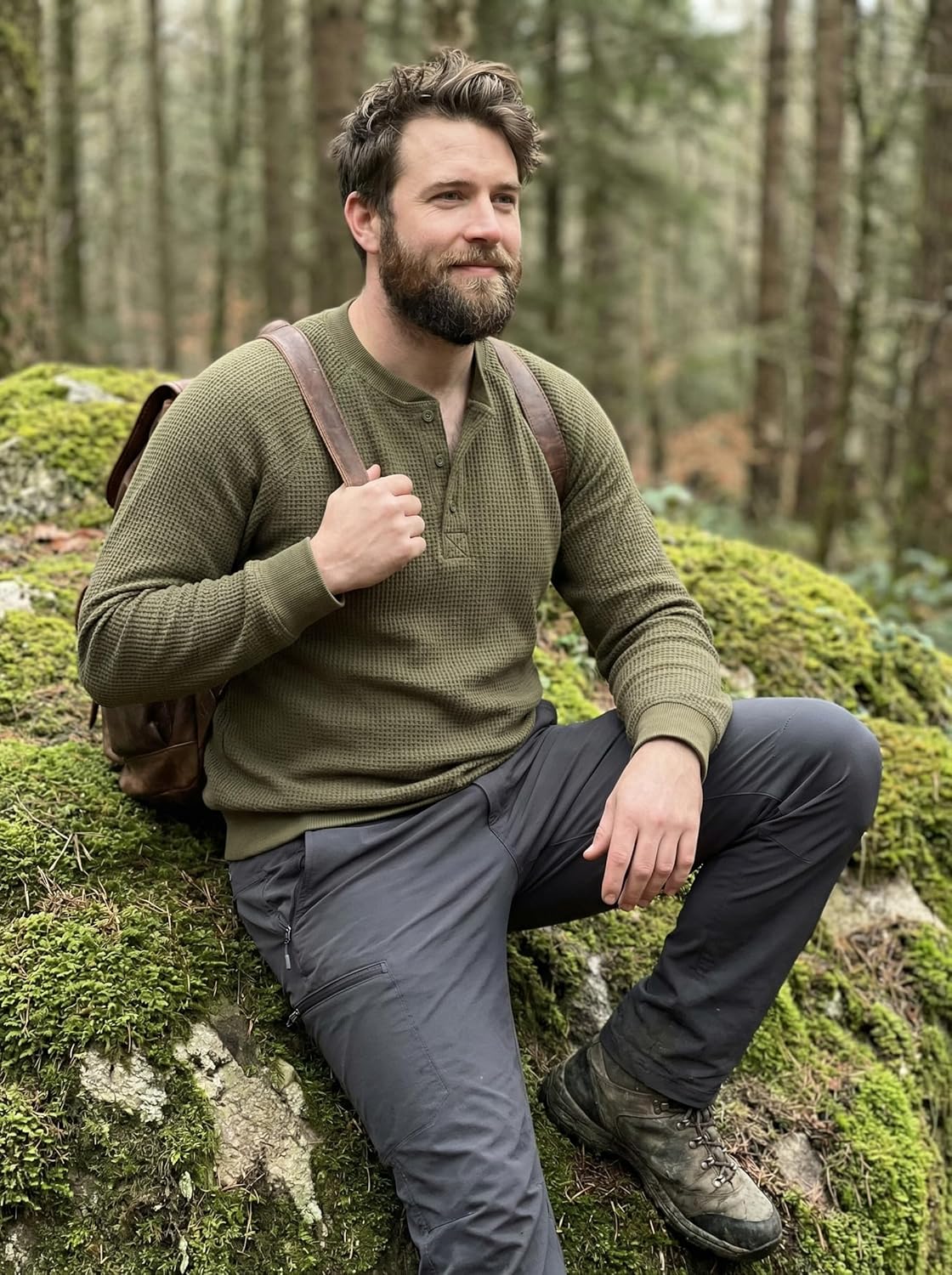 QIVICIMA Raglan Long Sleeve Waffle Henley Shirts for Men Textured Cotton Pullover Knit Tee with Button Neckline - Image 4