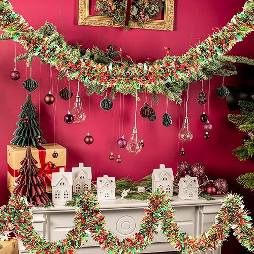Miniatura 5 de Dilunave Guirnalda metálica de oropel de 40 pies para Halloween, decoración de árbol de Navidad, boda, cumpleaños y fiesta (rojo, verde, dorado)