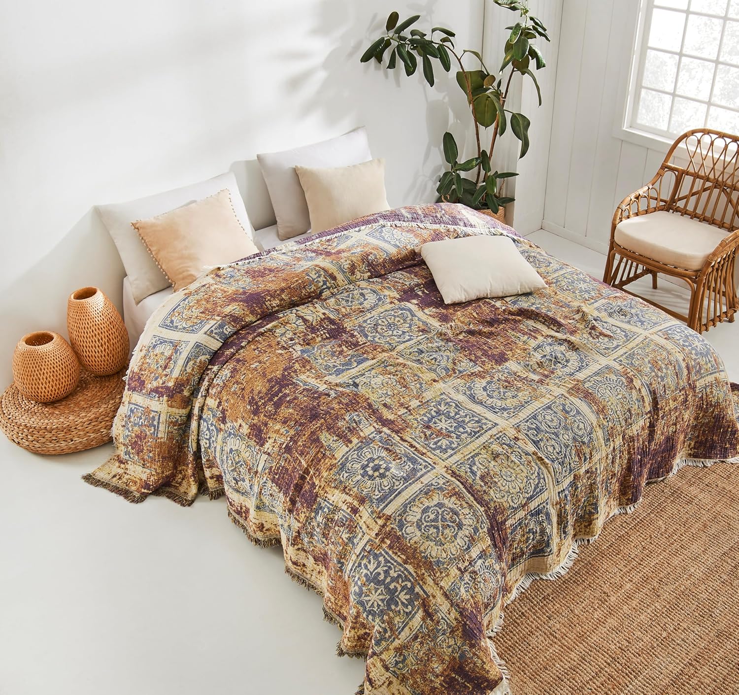 King Size Bedspread- King Size Comforter, Lightweight Blanket Bedding, Turkish Cotton Comforter | King Size (95x105) Boho Natural Coverlet (Black)