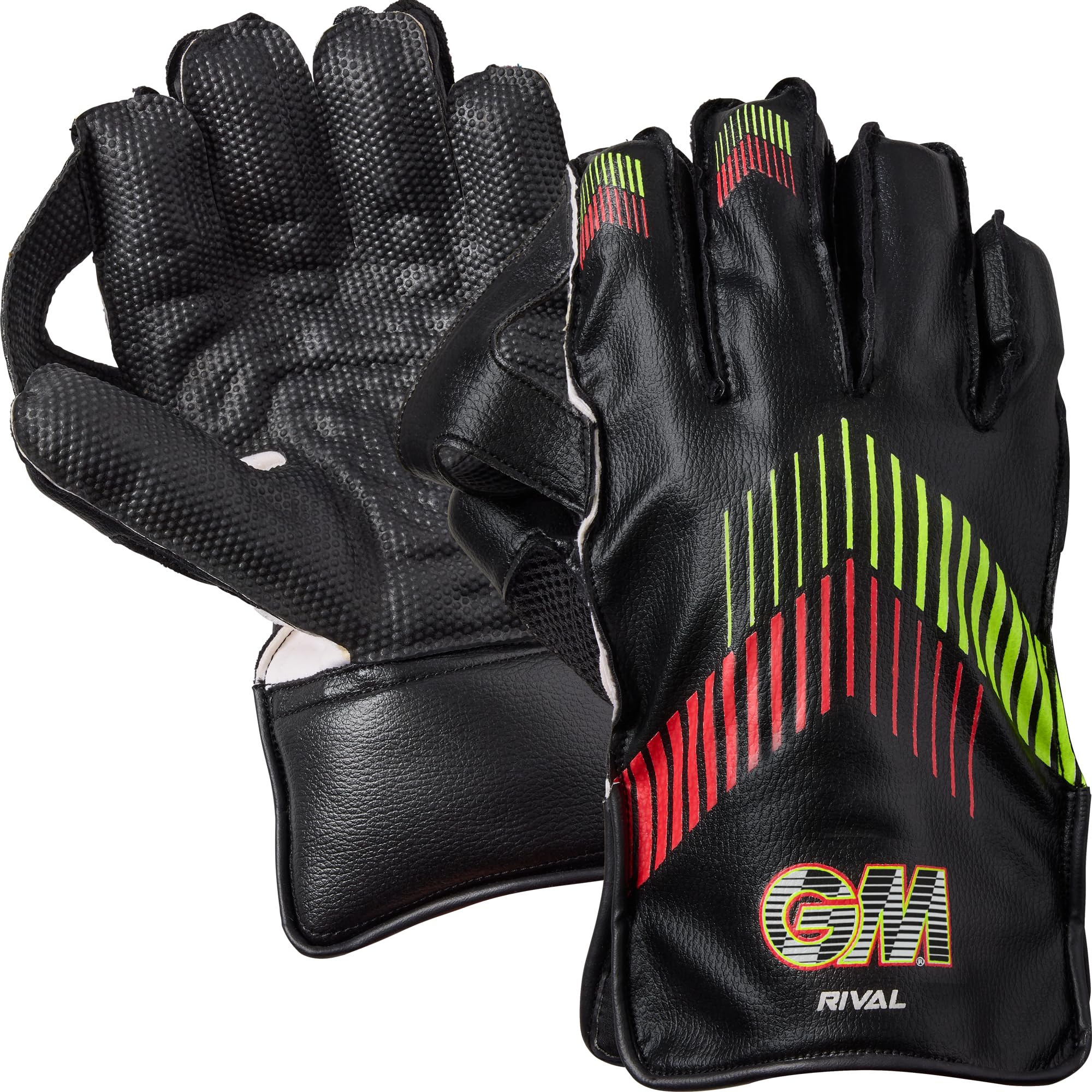 Gunn & Moore GM Rival Cricket Wicket Keeper Keeping Gloves | PVC Faux Leather Back of Hand | Cotton Lining & Pimple Rubber Palm Facing | Adult | 1 Pair | Black with Red & Green Chevron