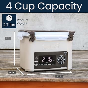 LunchEAZE Core Gen 2 Cordless Heated & Electric Lunch Box Battery-Powered, 4-Cup Capacity, 220F, Automatic Scheduled Heating for Hot Meals Anywhere