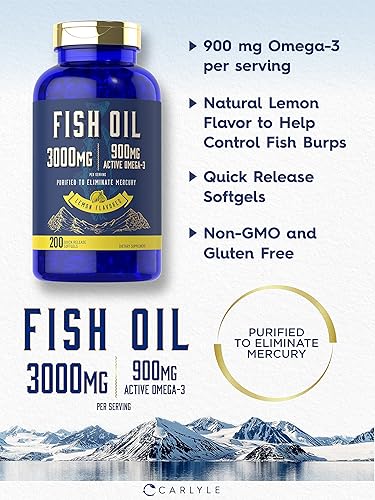 Miniatura 3 de Carlyle Aceite de pescado de 3000 mg | 900 mg de Omega 3 | 200 cápsulas blandas | Sabor a limón | Suplemento sin OMG y sin gluten