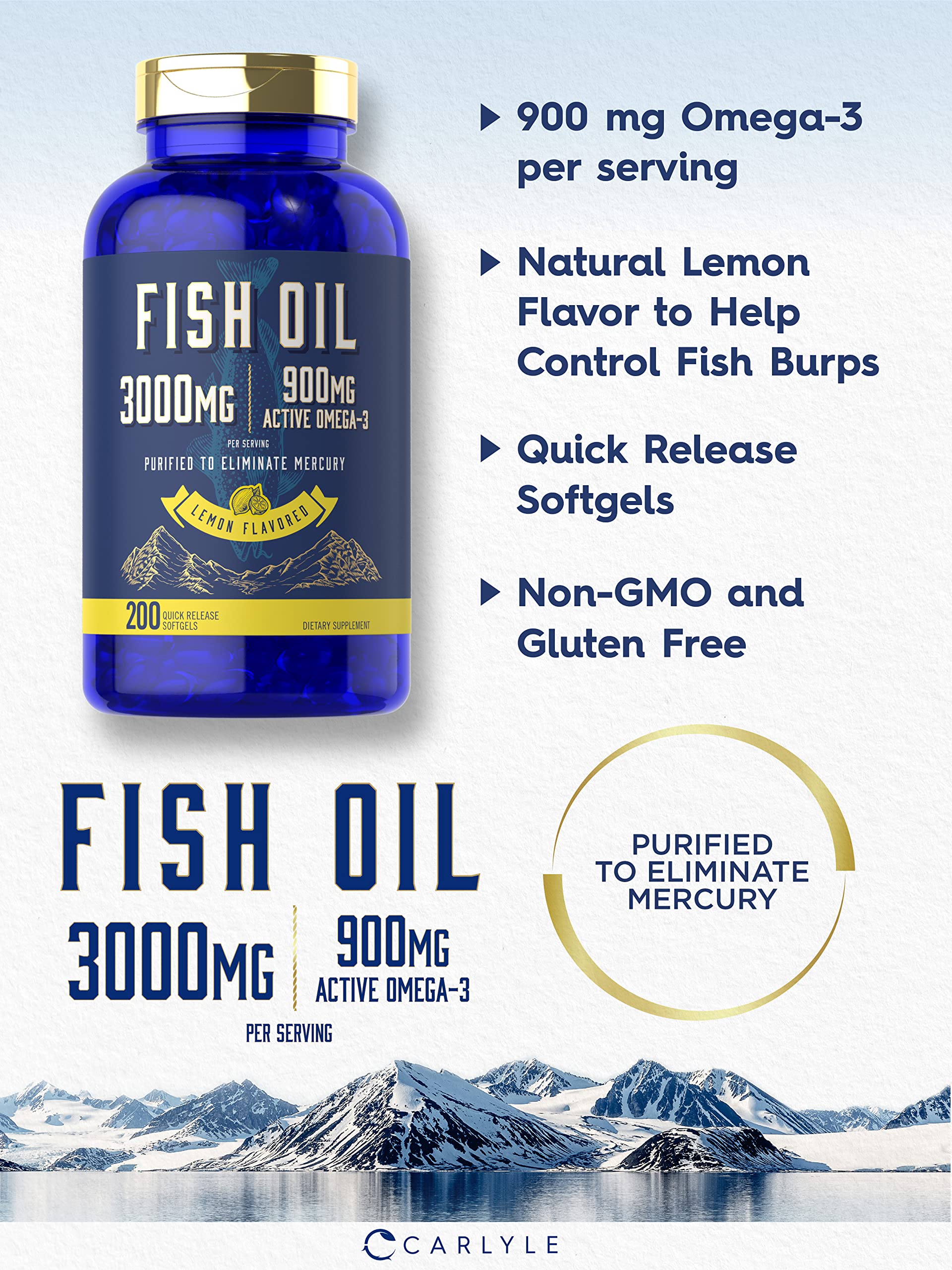 Carlyle Fish Oil 3000mg | 900mg Omega 3 | 200 Softgels | Lemon Flavor — Amazon image 3