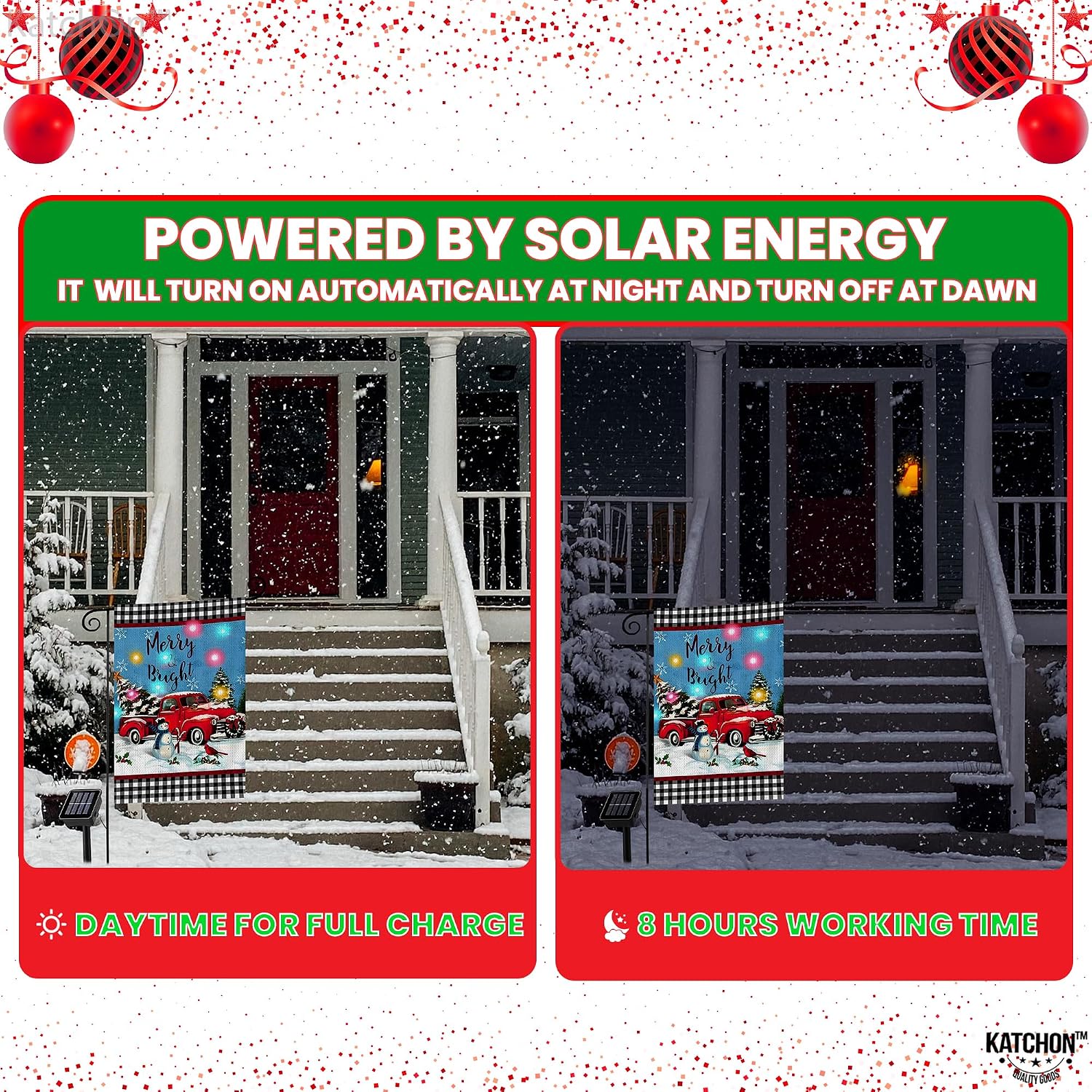 KatchOn, Solar Lighted Merry and Bright Christmas Flags - 12x18 Inch Double Sided | Snowman and Red Truck Winter Flag Solar Christmas Decorations Outdoor | Xmas Garden Flag | Xmas Yard Decorations