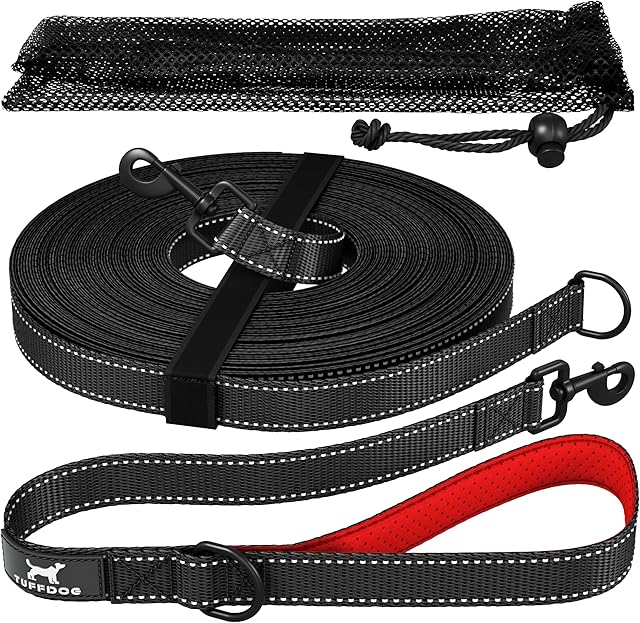 TUFFDOG Training Lead For Dogs - Reflective Heavy Duty Long Line Dog Lead with Detachable Padded Handle for a Short Dog Lead + Storage Bag for Recall & Tracking (10m, Black)