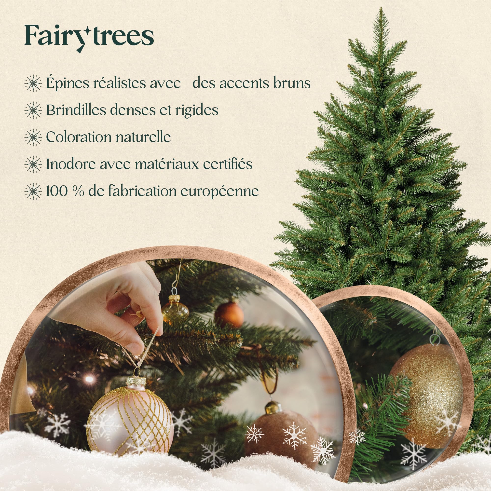 FairyTrees Sapin de Noël Artificiel 180cm NORDMANN | Arbre de Noël avec Support en Bois | Sapin avec Tronc Vert | Made in EU