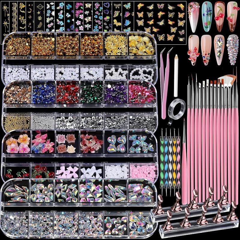 Teenitor 4 Boxes Nail Charms and Gems Set, Nail Rhinestones Nail Kit with Nail Art Brushes Nail Stand, Nail Gems Nail Design Tools with 15pcs Nail Stickers, Gold Nail Pearls for Women Nail Decorations