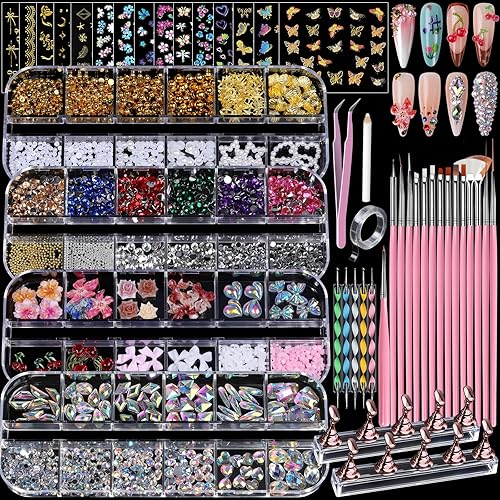 Teenitor 4 Boxes Nail Charms and Gems Set, Nail Rhinestones Nail Kit with Nail Art Brushes Nail Stand, Nail Gems Nail Design Tools with 15pcs Nail Stickers, Gold Nail Pearls for Women Nail Decorations