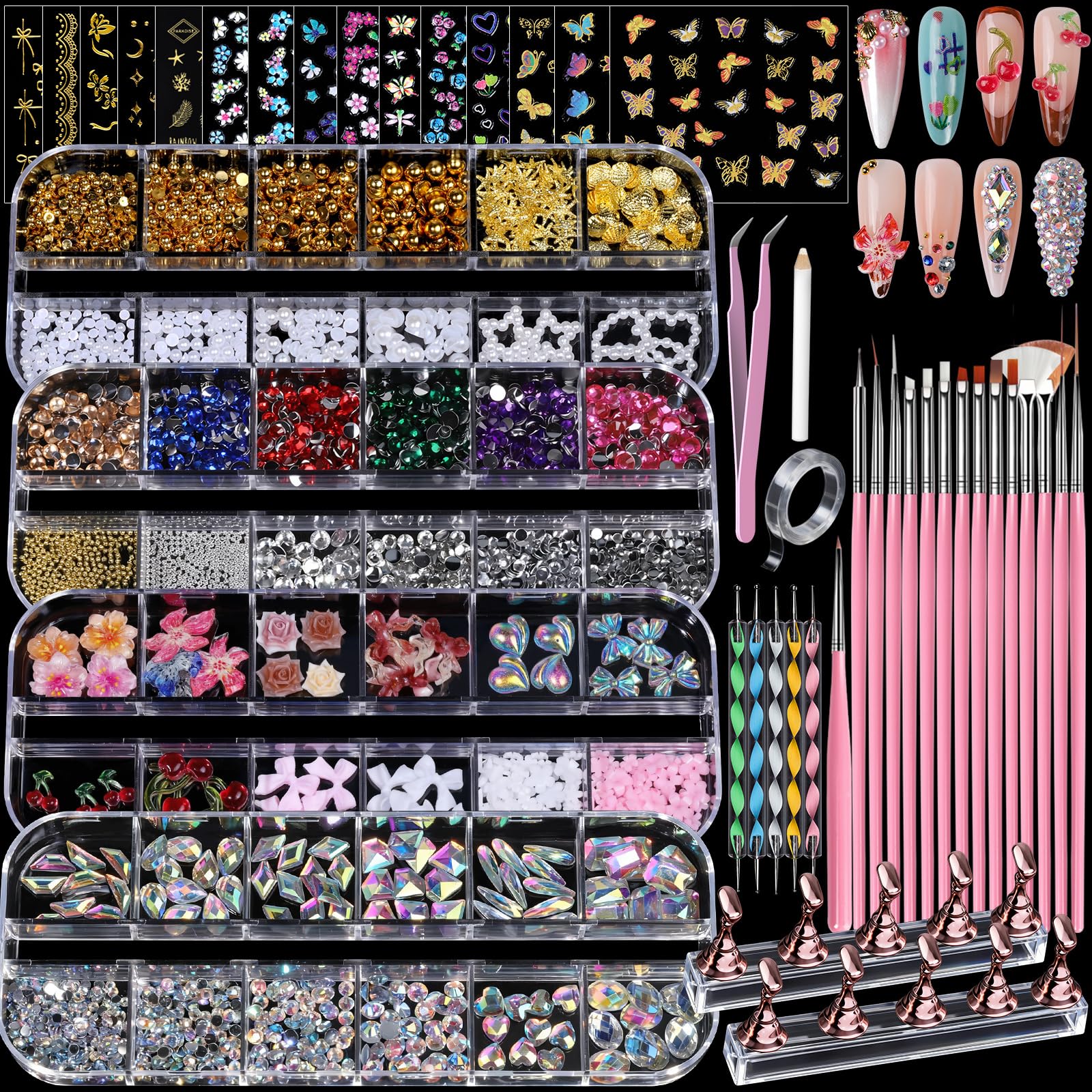 Teenitor 4 Boxes Nail Charms and Gems Set, Nail Rhinestones Nail Kit with Nail Art Brushes Nail Stand, Nail Gems Nail Design Tools with 15pcs Nail Stickers, Gold Nail Pearls for Women Nail Decorations Pink
