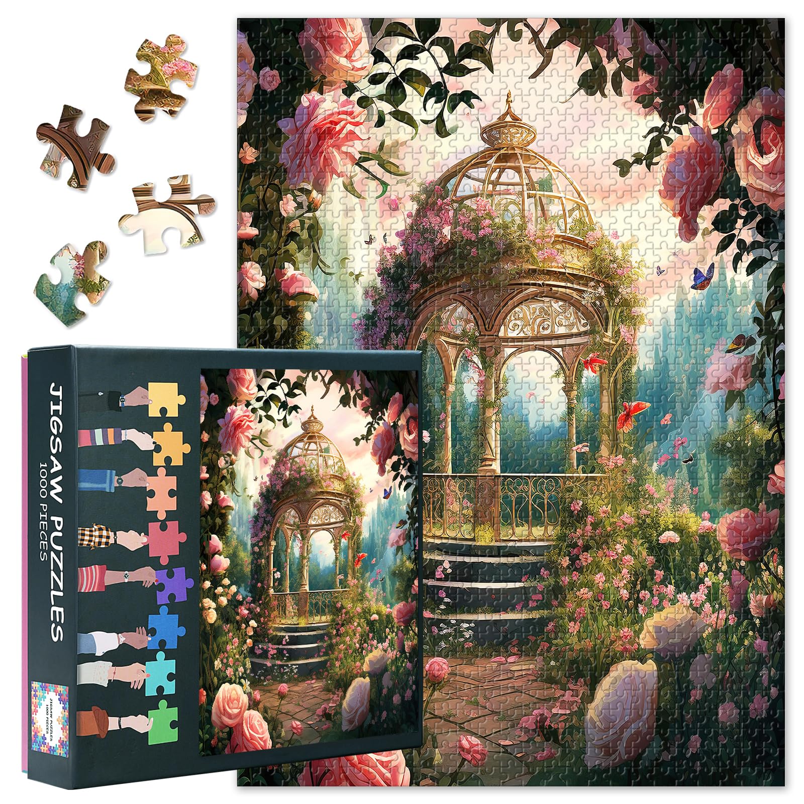 1000 Piece Puzzles for Adults Beautiful Romantic Gazebo in the Park with Roses Jigsaw Puzzles
