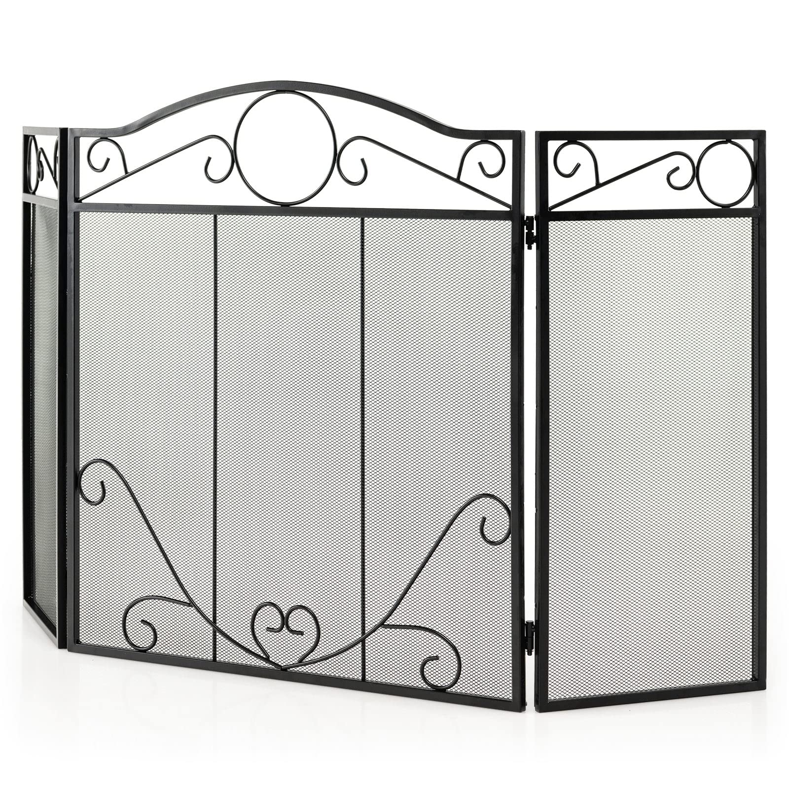 GiantexUK 3-Panel Folding Fire Guard, Metal Mesh Fireplace Screen, Heavy Duty Freestanding Spark Guard Safety Barrier for Child Baby Pet Open Fire (Scrollwork Pattern, 127 x 73cm)