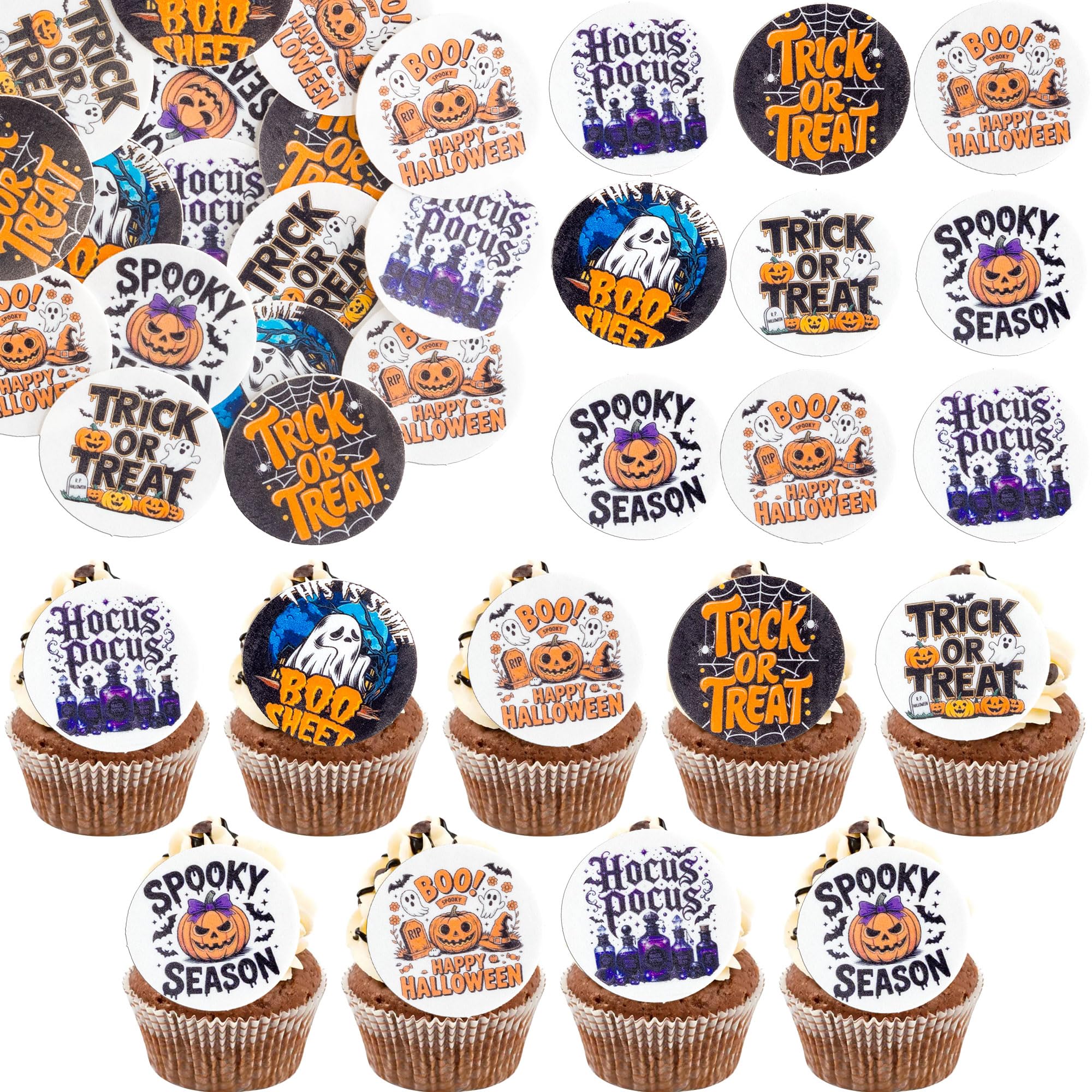 Gyufise 54Pcs Edible Halloween Cupcake Toppers Wafer Paper Trick or Treat Cake Toppers Spooky Season Hocus Pocus Cupcake Picks for Halloween Eve Theme Party Supplies Black Orange