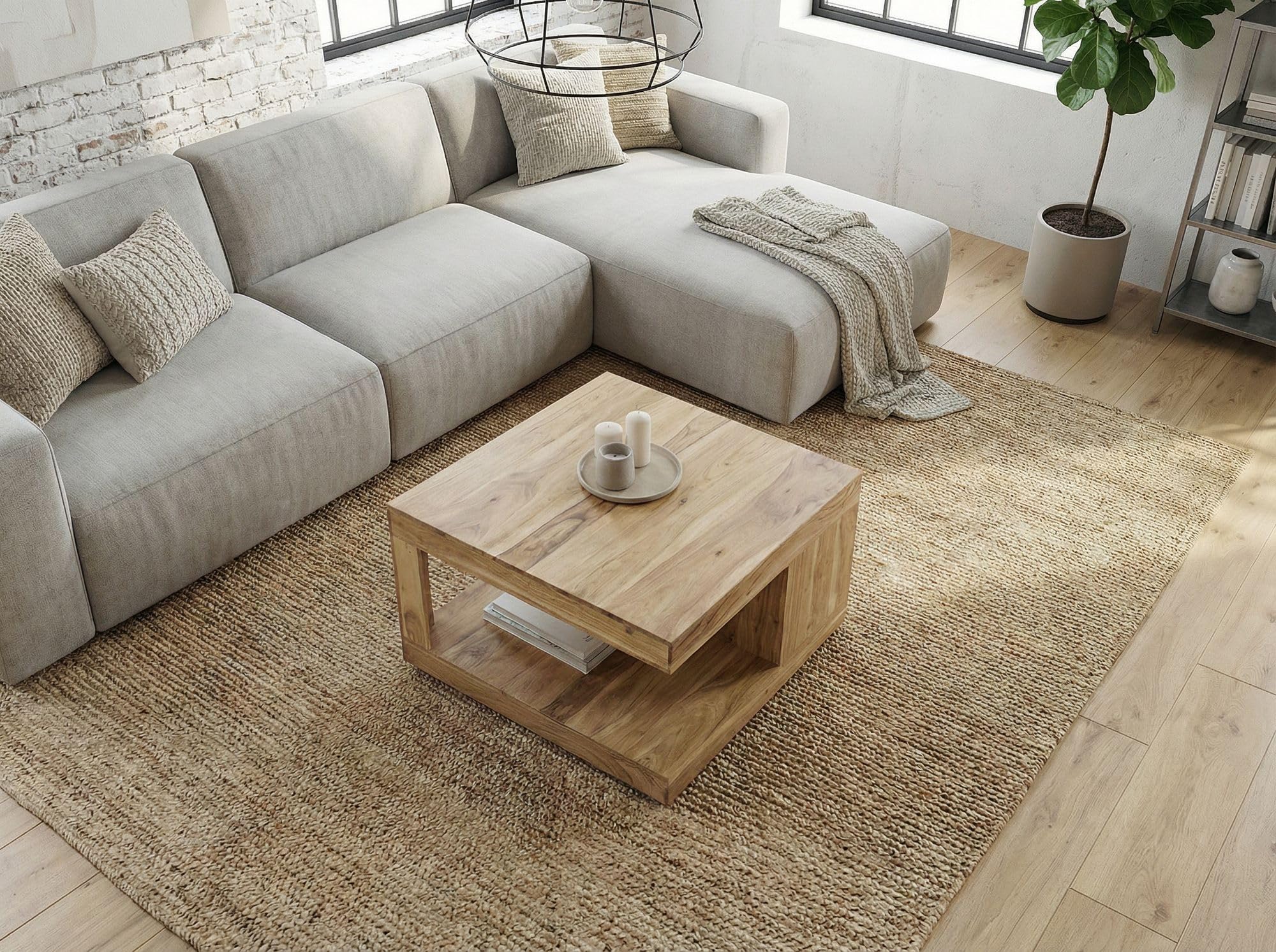 FineBuy Mesa de centro de madera maciza de acacia, 60 cm, mesa cuadrada para salón con compartimento, mesa de sofá de diseño, mesa de salón abierta, mesa auxiliar natural hecha a mano