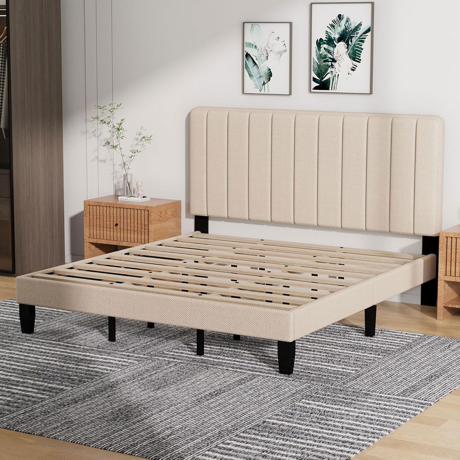 King Size Bed Frame with Headboard, Platform Bed with Soft Linen Upholstered Headboard | Wooden Slats Support | Adjustable Height | No Box Spring Needed, King Bed Frame Beige