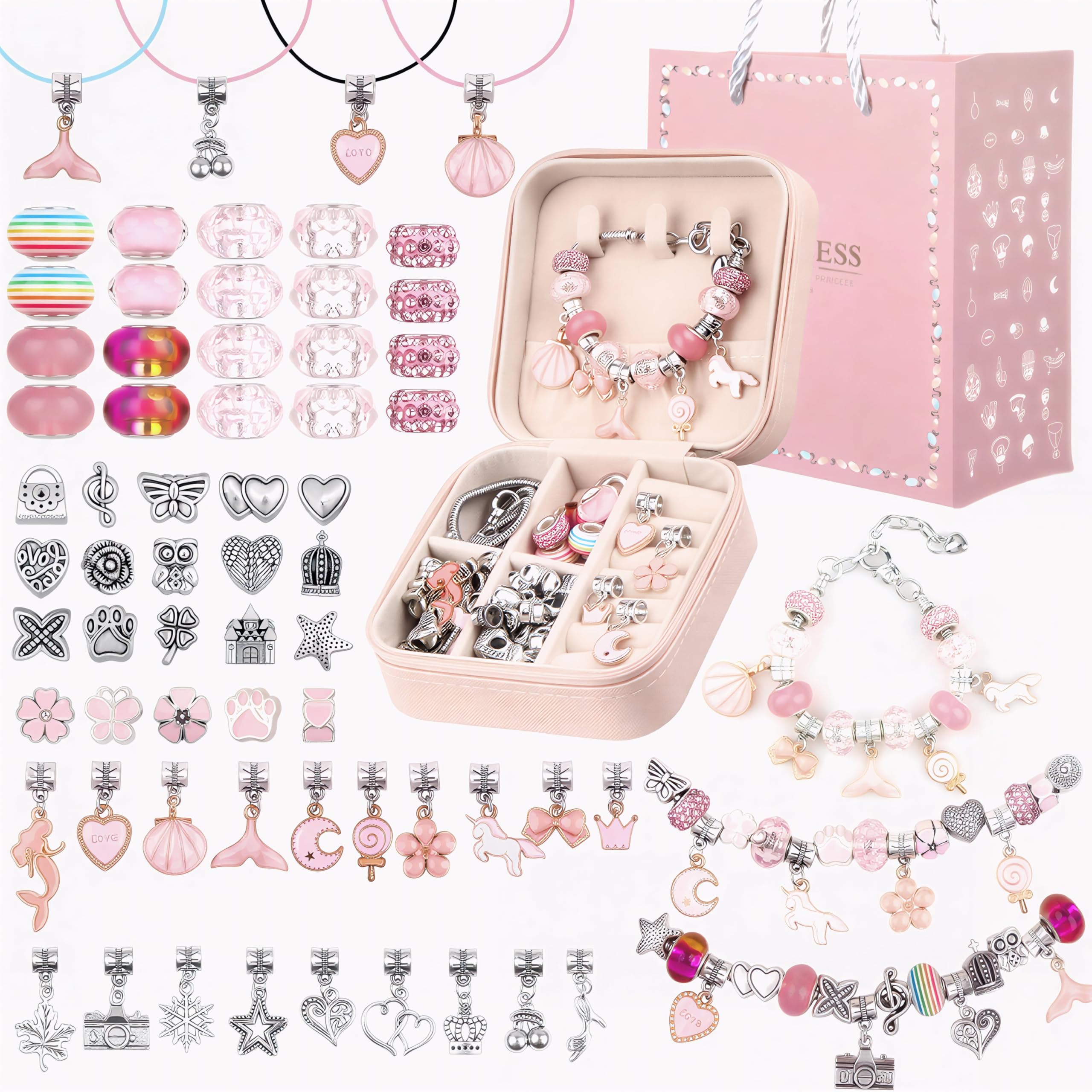 TABIA Charm Jewelry Bracelet Making Kit for Girls, Ready to Gift, Fun and Easy to Make Toys for Girls, 68 Pcs Cute Sparkling Jewelry Kit Age 6-14 Inspires Creativity and Self-Expression - Pink