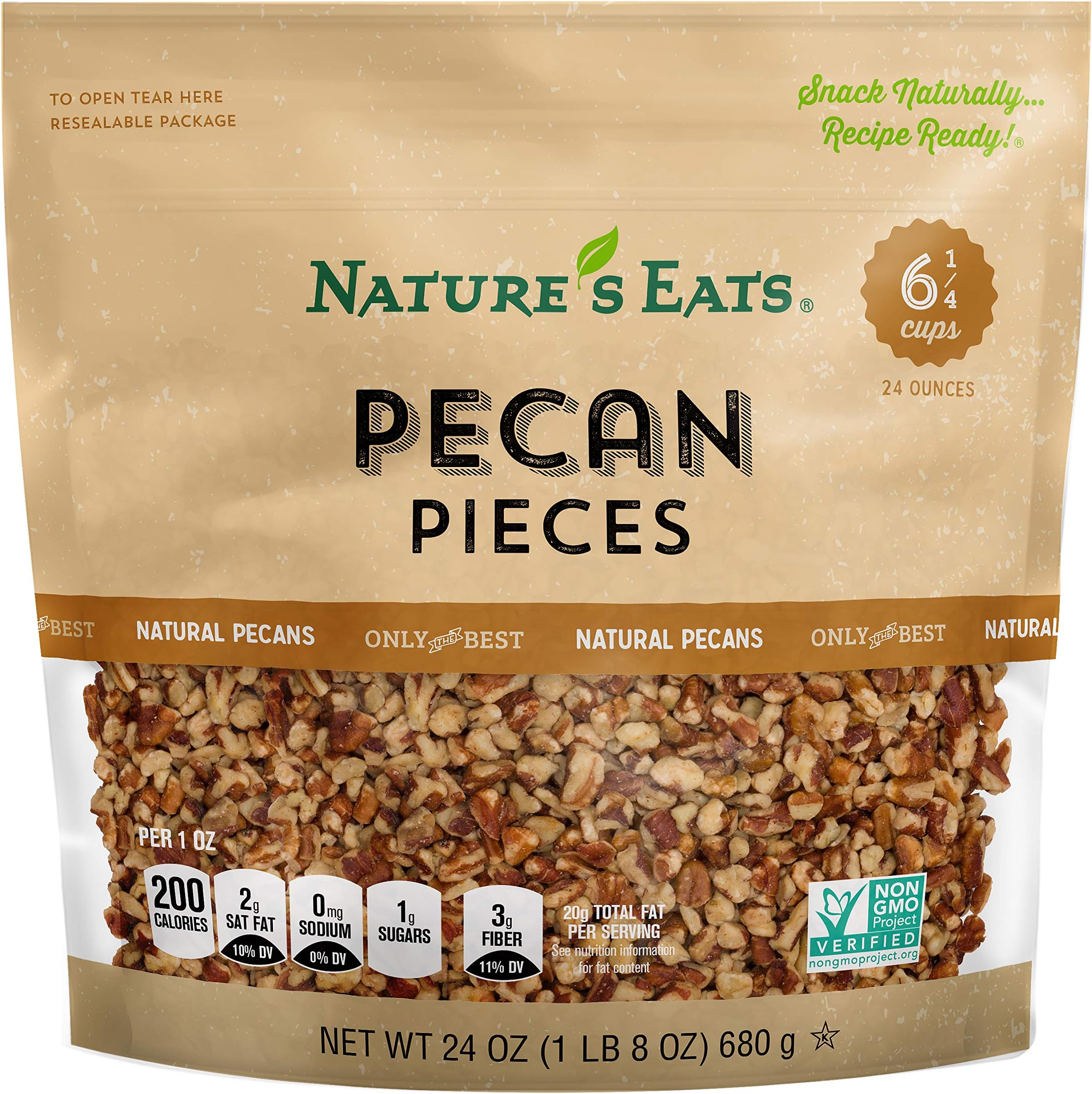 Nature’s Eats Pecan Pieces - Natural Raw Pecans, Gluten Free Vegan Protein, Ideal for Baking, Cooking, & Salad Toppings, Healthy Snacks for Adults - 24 oz Resealable Bag