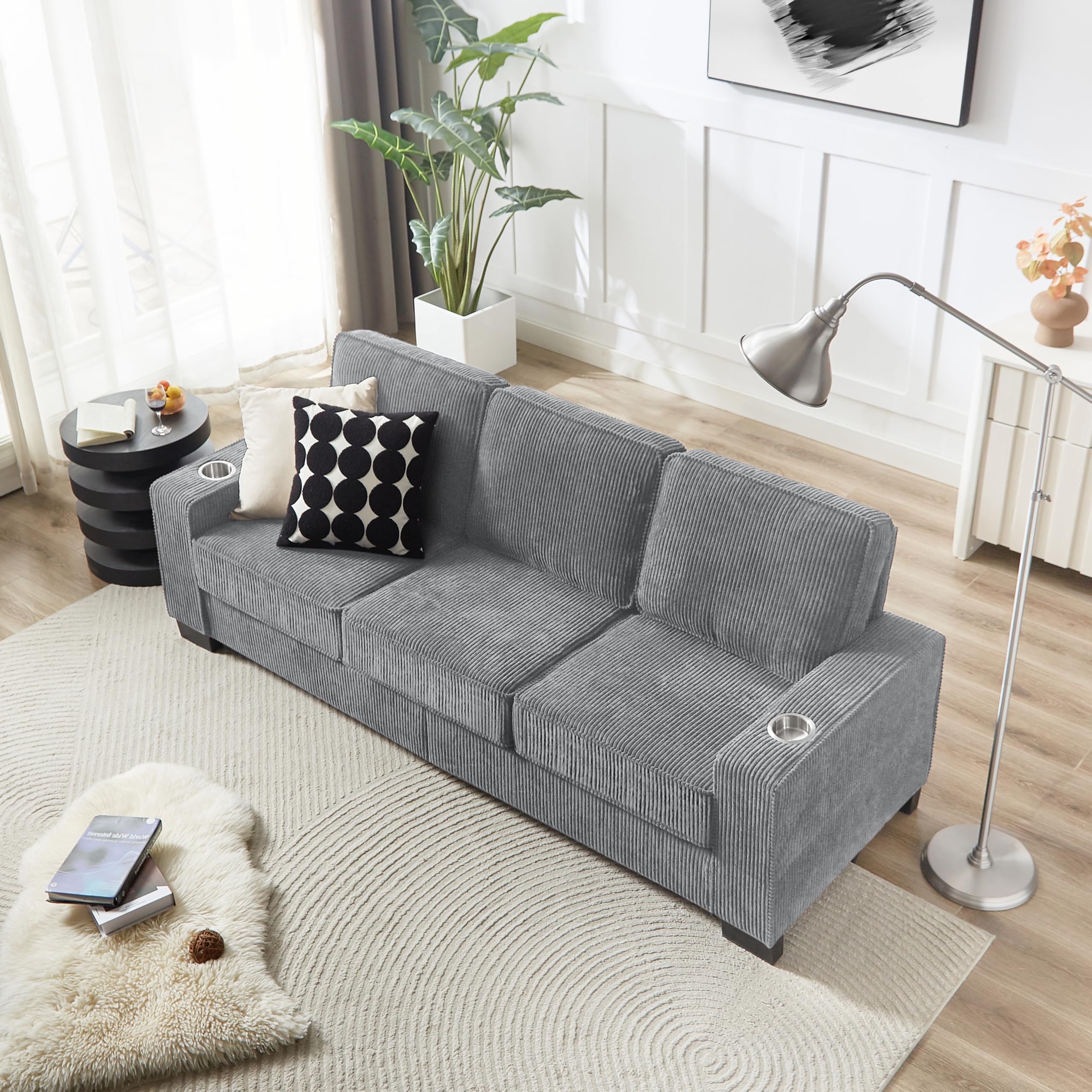 Sofa 3-osobowa, szara, tkanina sztruksowa, 206 cm, nowoczesna sofa