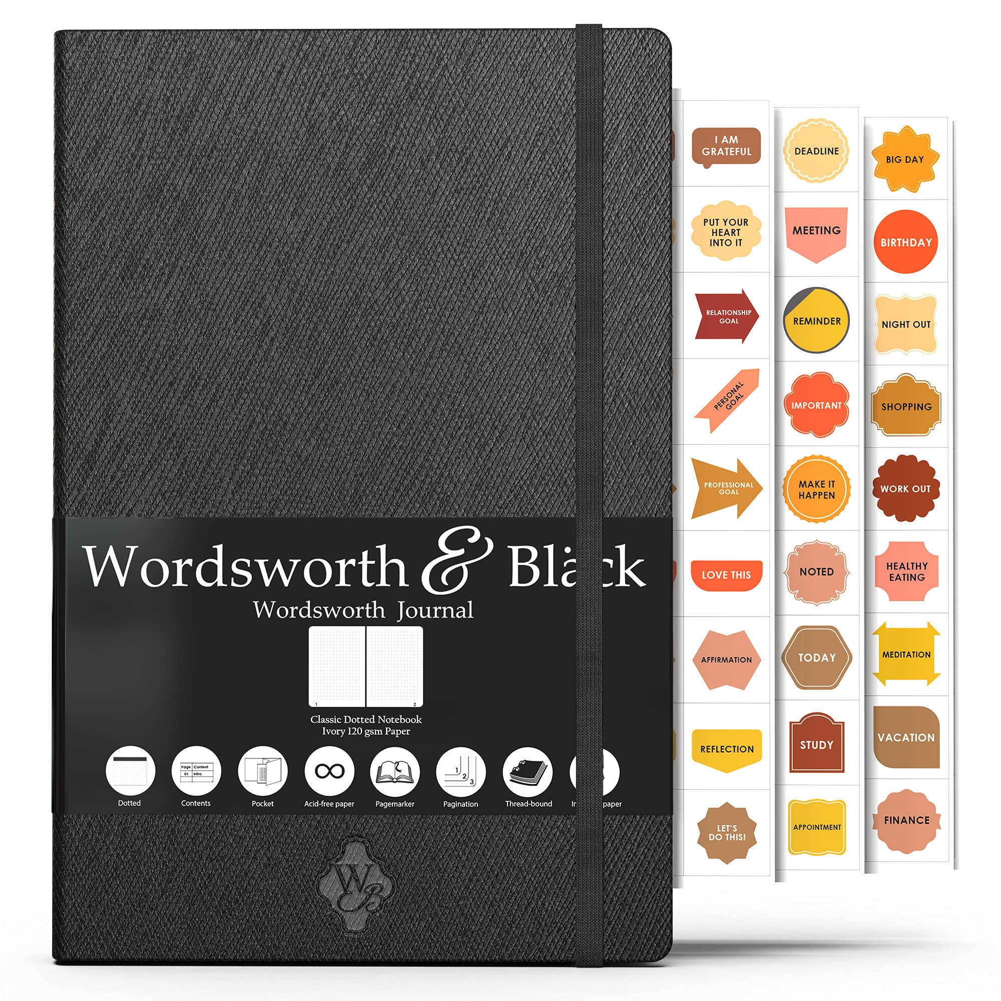 Thin Classic Premium Bullet Grid Journal with Pen Loop | A5 5.8 x 8.3 Dotted Hard Cover Notebook | Lightweight, Numbered Pages | Dotted Journal | Leather, Inner Pocket, Ivory 120gsm Paper | Black