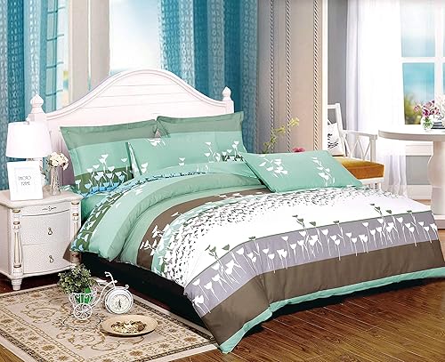 Miniatura 8 de Swanson Beddings Juego de ropa de cama reversible de 3 piezas con estampado floral y rayas verdes y florales 100% algodón funda nórdica y dos fundas